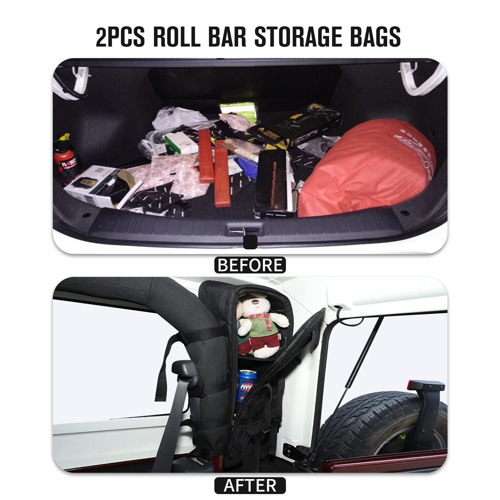 Jeep Wrangler JK 2 Door Roll Bar Storage Bags (2007-2018) - 2PCS Driver & Passenger Side Interior Organizer | Perfect for Off-Road Adventures, Camping & Road Trips