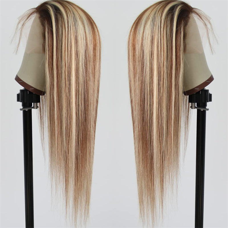 Eullair P8/613 Piano Highlights Body Wave 13×4 Lace Frontal Wig - Brown with Blonde Highlights Straight Human Hair Wig for Women | Perfect for Daily Wear, Parties & Special Occasions