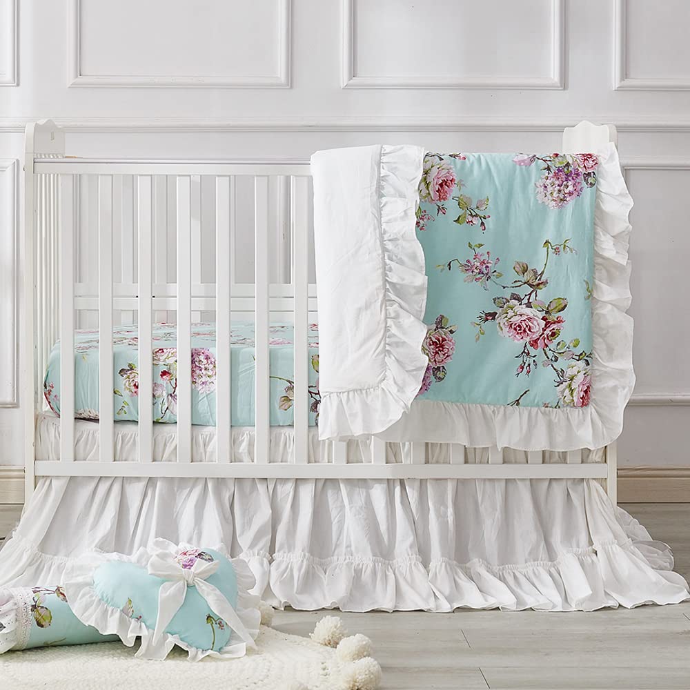 Brandream French Country Baby Crib Bedding Set for Girls - 3 Piece Floral Nursery Set with Ruffled Comforter, Fitted Crib Sheet & Bed Skirt | Soft Cotton Crib Set for Newborn Infant | Perfect for Nursery Decor, Baby Shower Gift & Toddler Room