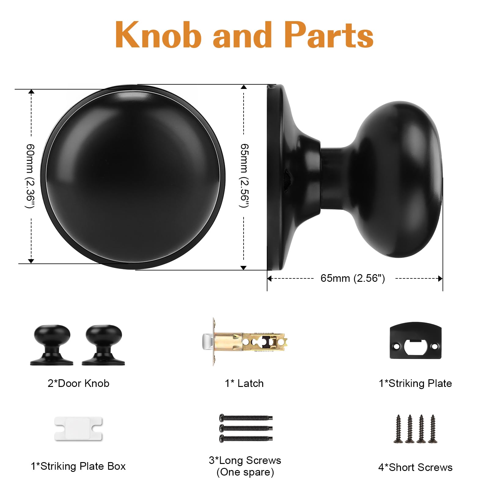 Probrico 3 Pack Black Door Knobs - Keyless Passage Door Handles with Flat Ball Design for Closet & Hallway - Solid Latch, Universal Lever - Perfect for Bedroom, Bathroom & Interior Doors