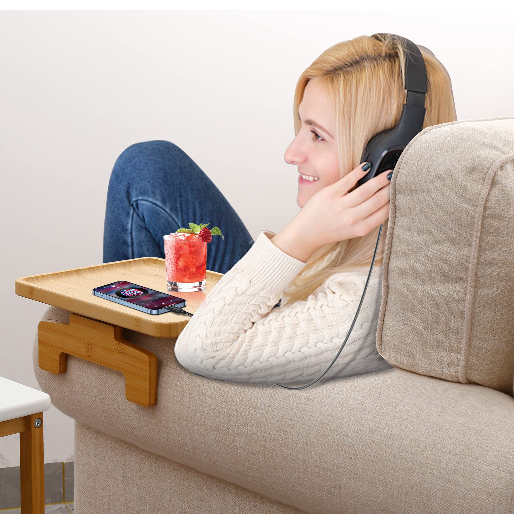Bamboo Clip-On Couch Arm Tray Table - Portable Sofa Armrest Tray for Drinks, Food & Dining - Perfect for Small Spaces, Living Room, Bedroom & Home Theater Use