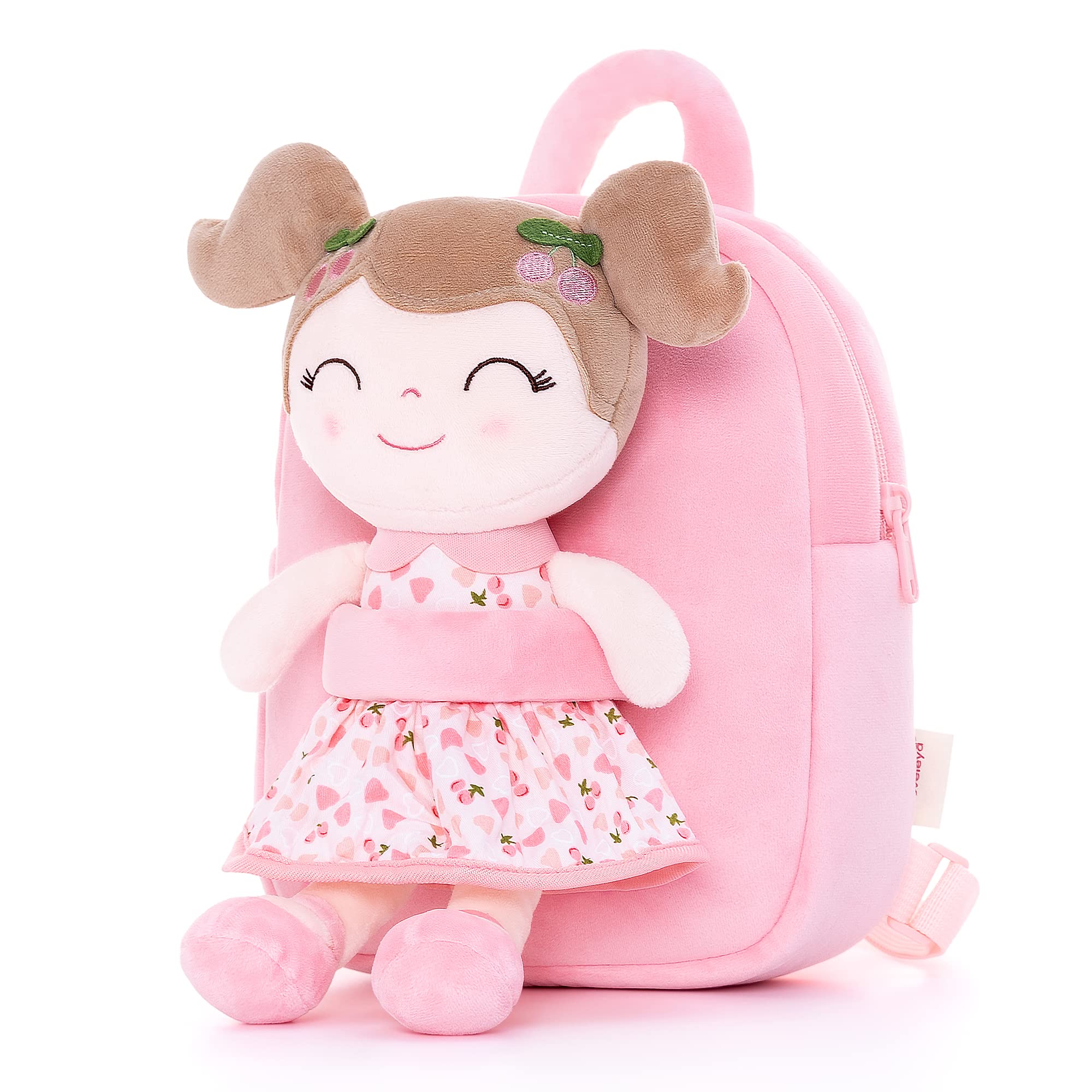 Gloveleya Soft Plush Kids Backpack for Toddlers - Cute Cherry Doll Design in Pink (9 Inches) - Perfect for Preschool, Daycare & Travel Accessories
