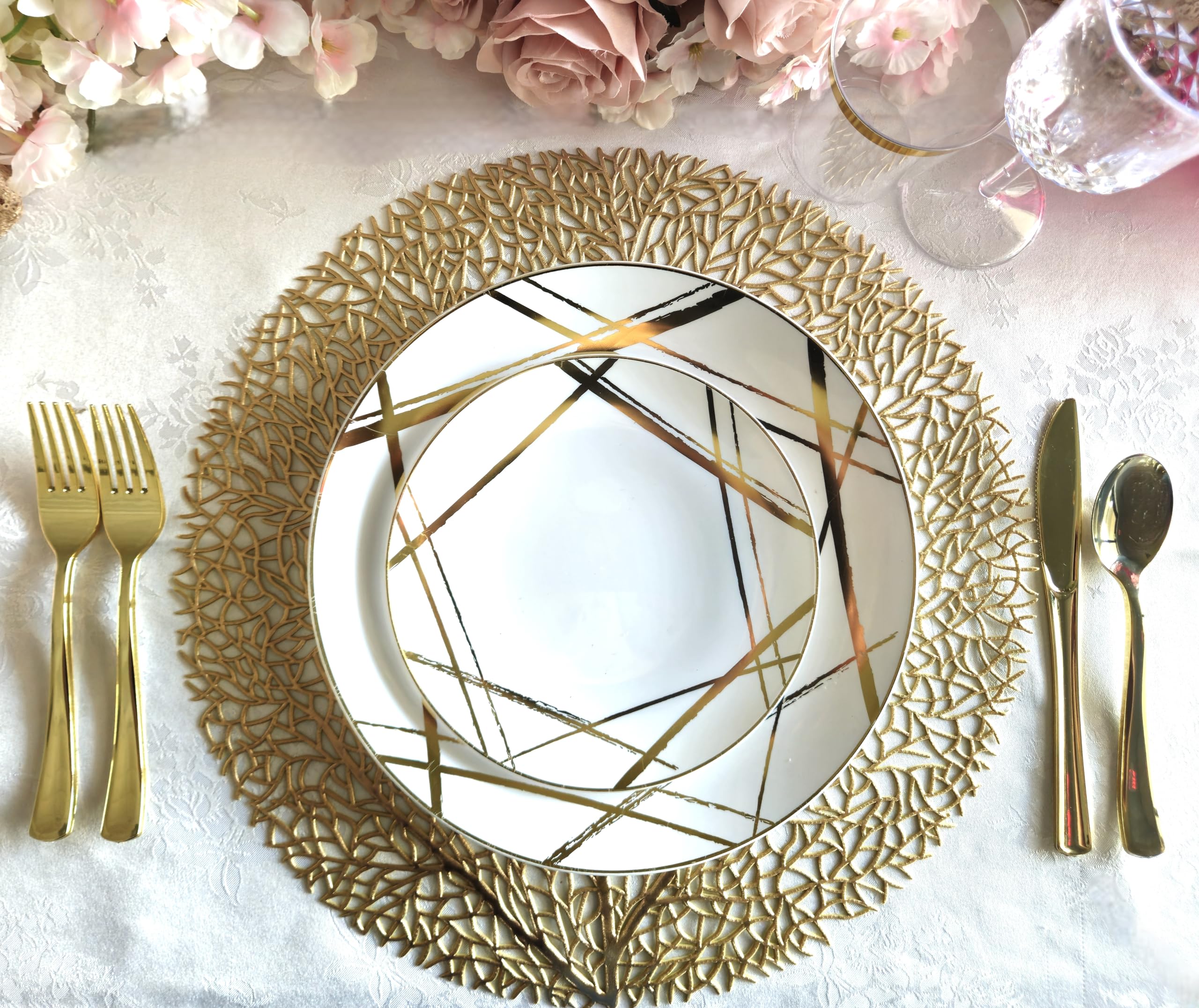 120-Piece Pressed Vinyl Metallic Placemats Set - Elegant Wedding Table Decor & Centerpiece Accent (Eden, Matte Gold) | Perfect for Bridal Showers, Anniversary Dinners & Formal Dining Events