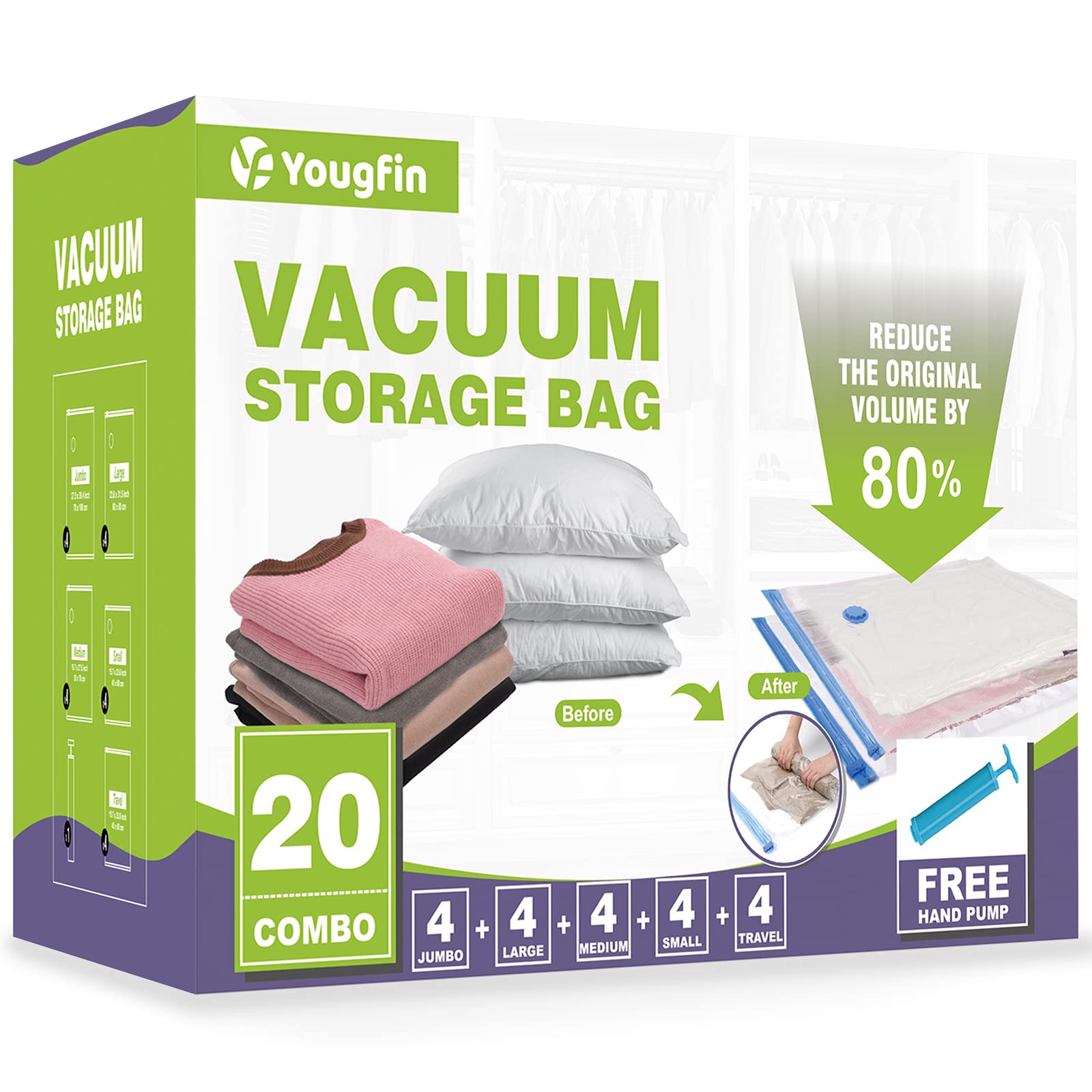 20 Pack Vacuum Storage Bags - Space Saver Bags (4 Jumbo/4 Large/4 Medium/4 Small/4 Hand Roll) for Clothes, Comforters, Blankets | Portable Compression Storage Bags with Hand Pump | Perfect for Travel, Seasonal Storage & Moving