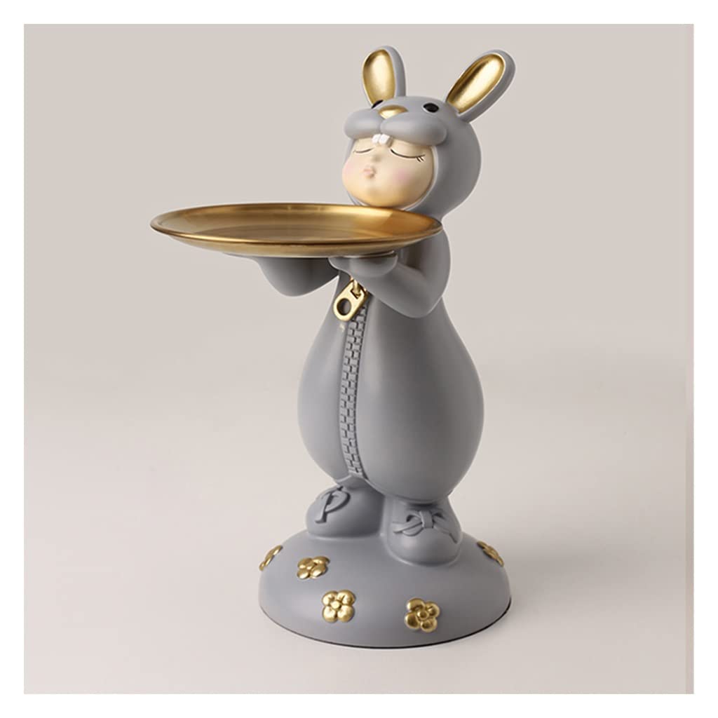 Stylish Ceramic Rabbit Girl Figurine with Round Metal Tray - Cute Animal Statue for Home Decor, Coffee Table Centerpiece & Entryway Key Organizer (Gray) - Perfect for Living Room, Bedroom & Office Desk Decorations