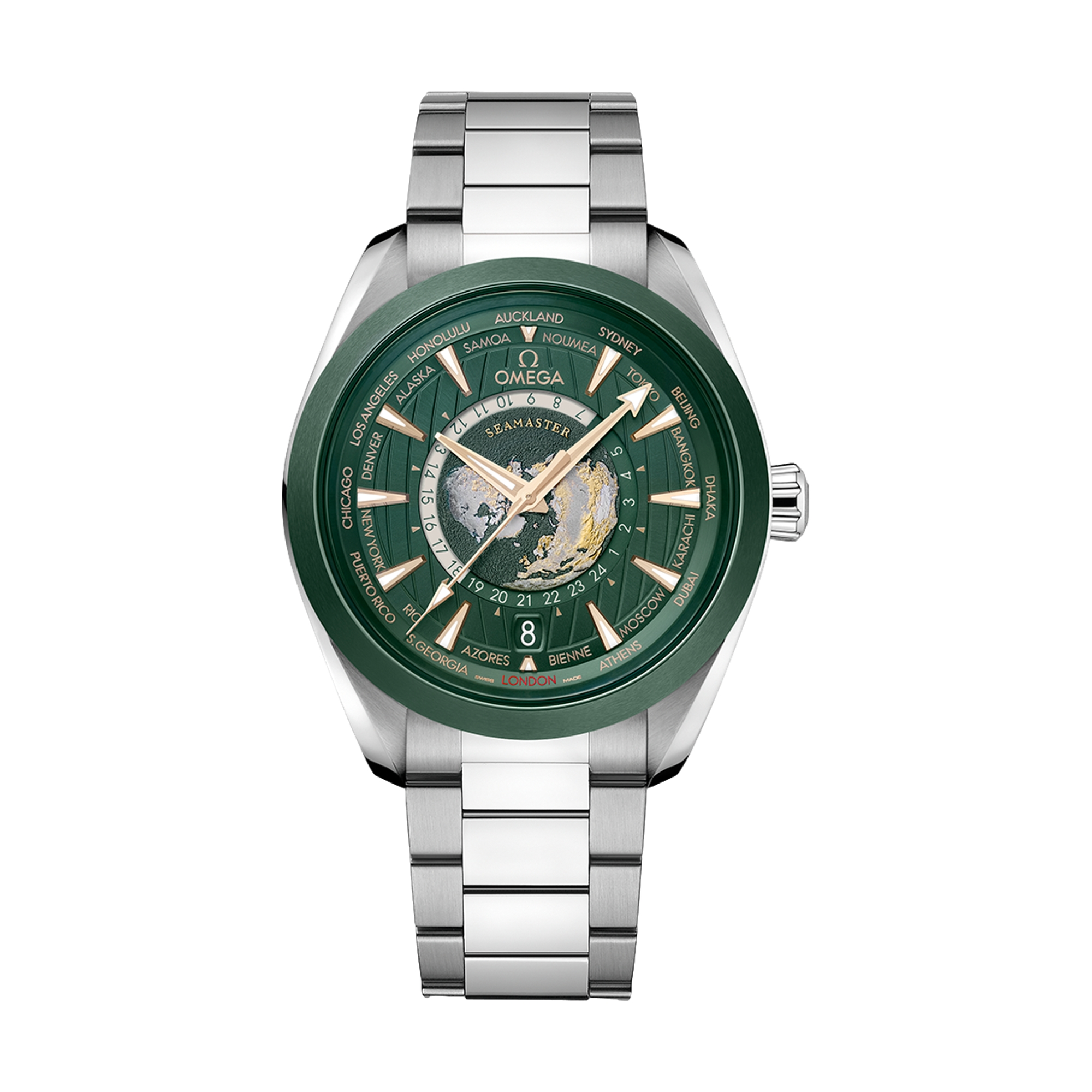 Omega Seamaster Aqua Terra 150M Co-Axial Master Chronometer GMT Worldtimer Watch - 43mm Green Dial | Luxury Men's Automatic Watch for Travel, Business & Formal Occasions