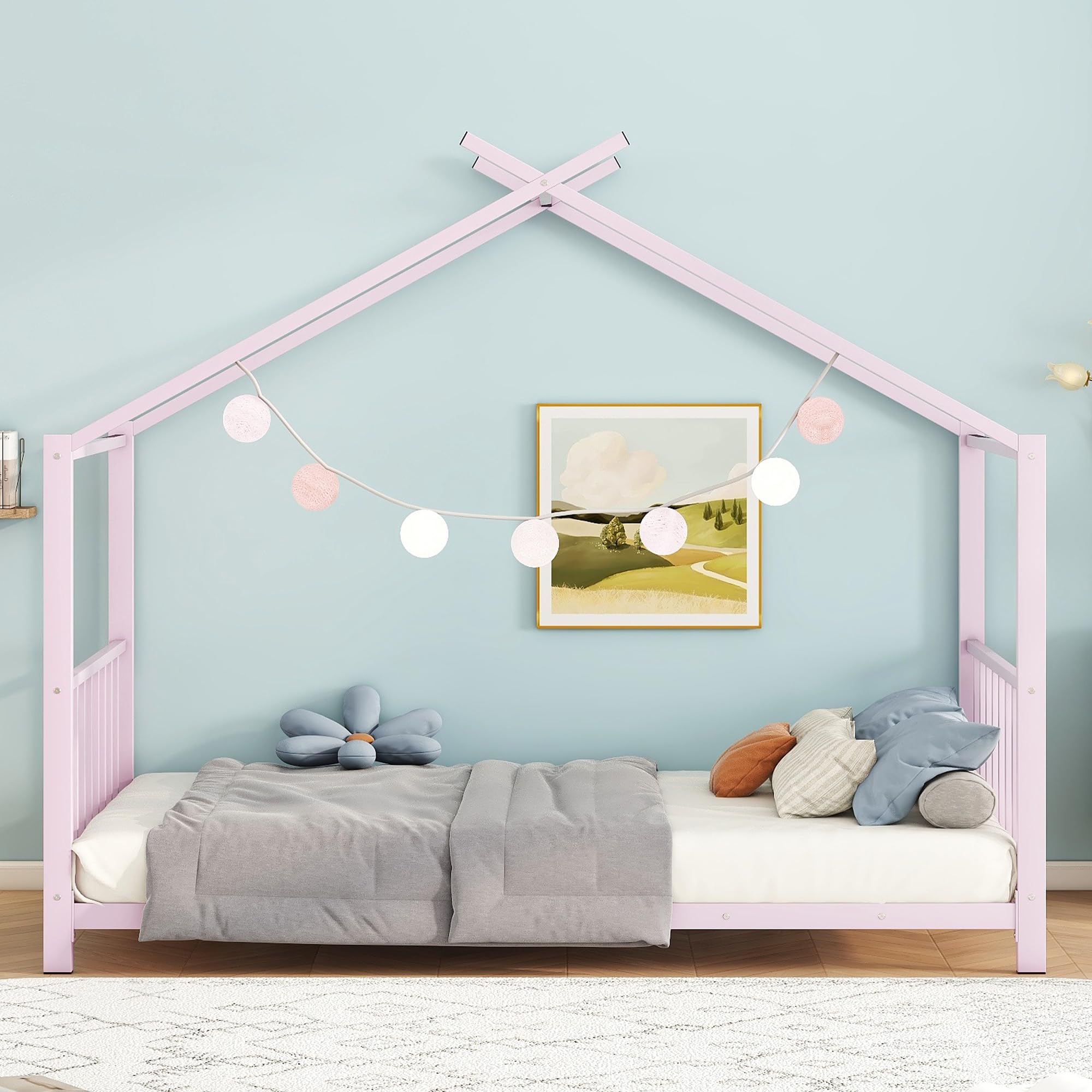Montessori Twin Size Floor Bed for Kids - Sturdy Metal Frame with High Headboard & Roof - Pink House Bed for Boys & Girls - Perfect for Bedroom, Playroom & Montessori Learning Spaces