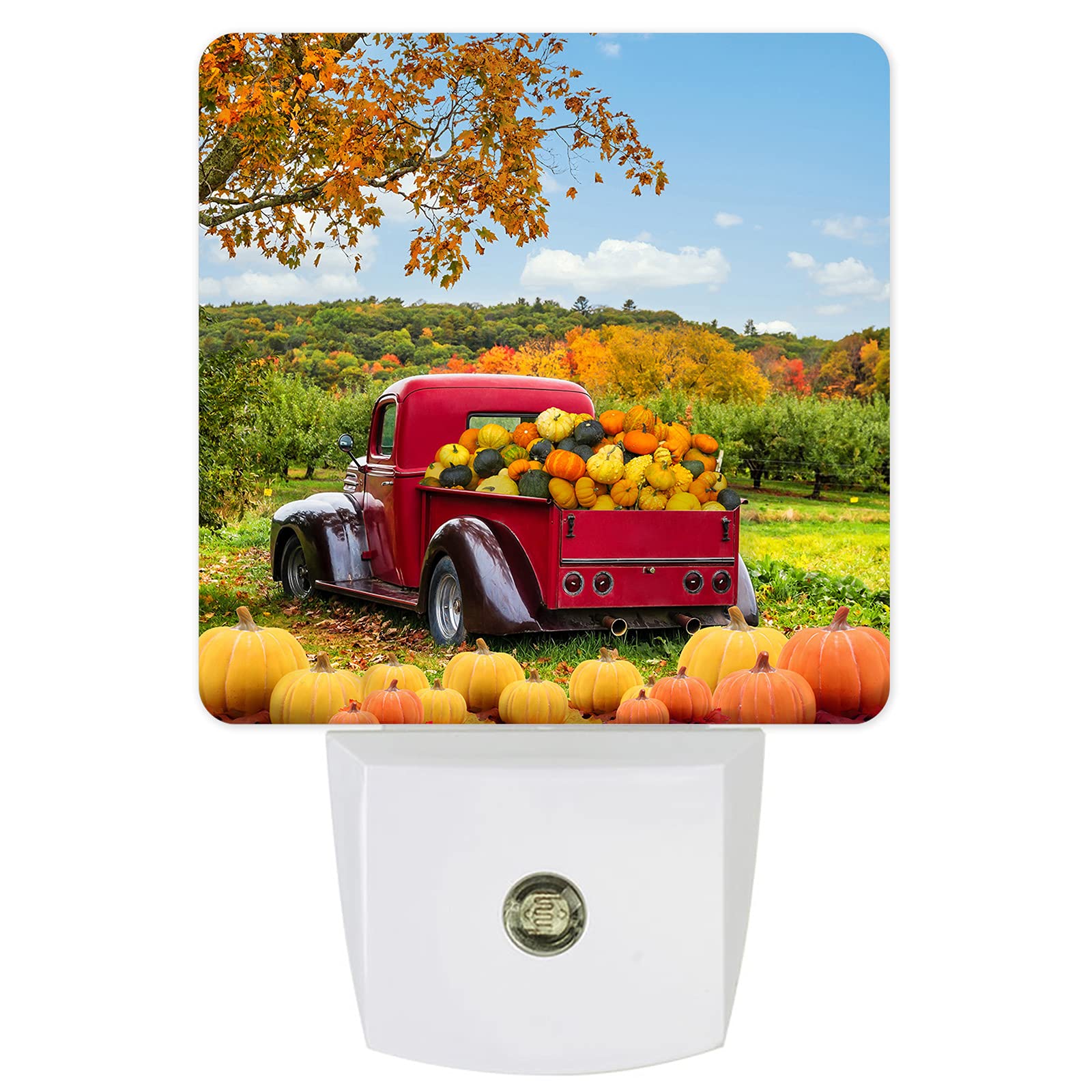 LED Plug-in Night Light - Fall Harvest Pumpkin Truck Retro Wall Light, Farmhouse Autumn Decor for Bathroom, Bedroom, Nursery, Hallway & Living Room | Cozy Seasonal Lighting for Home & Office