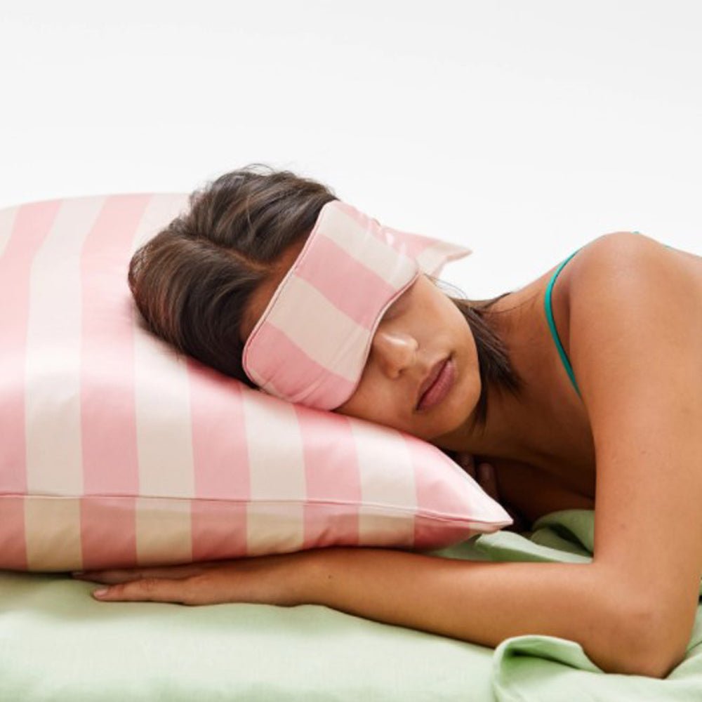 Pink Silk Sleep Mask with Stripes - Soft & Comfortable Eye Cover for Women, Perfect for Travel, Relaxation & Beauty Sleep