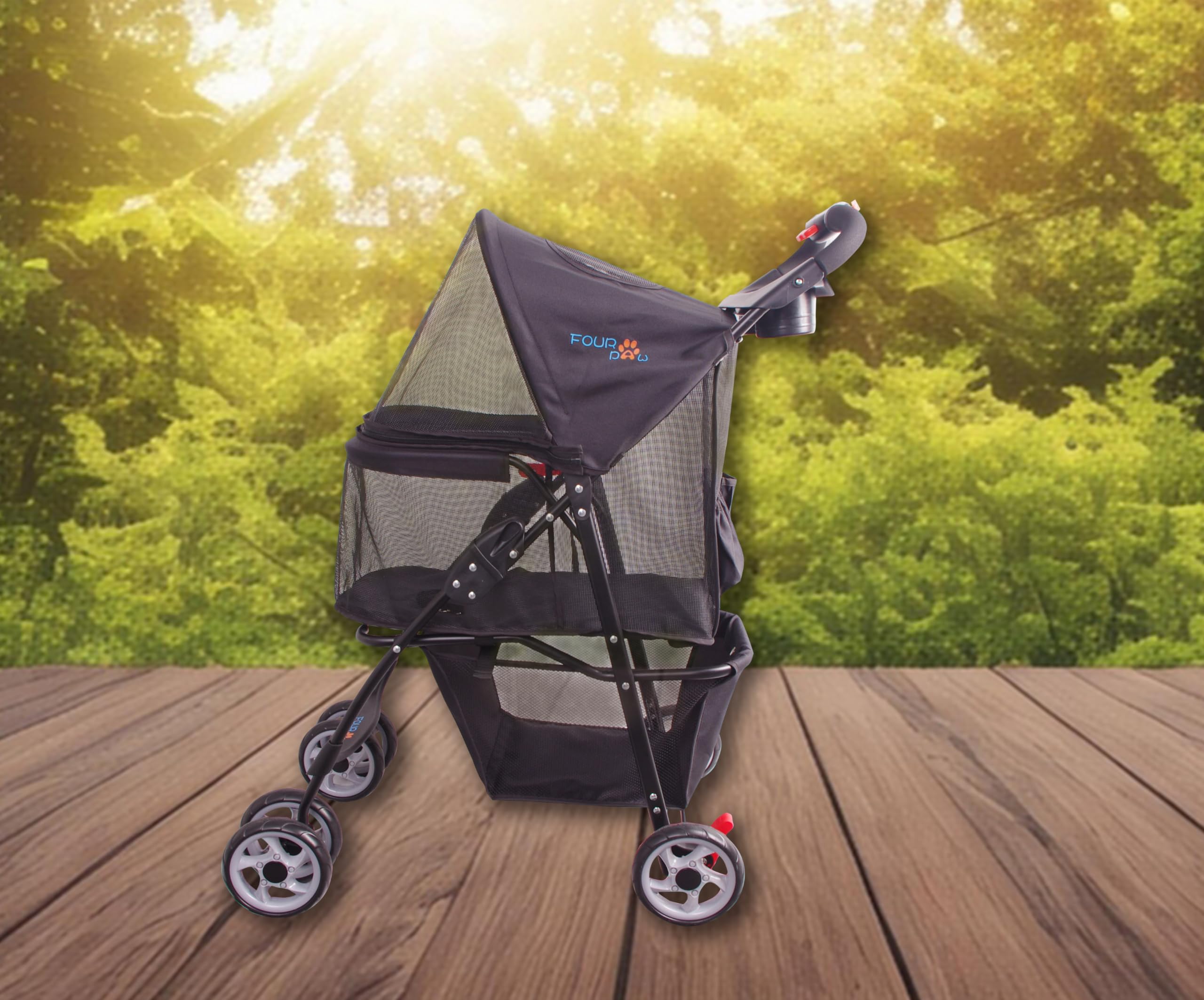 4-Wheel Full-Window Pet Stroller for Cats & Dogs - Foldable Travel Carrier with Storage Basket & Cup Holder | Perfect for Park Walks, Vet Visits & Shopping Trips