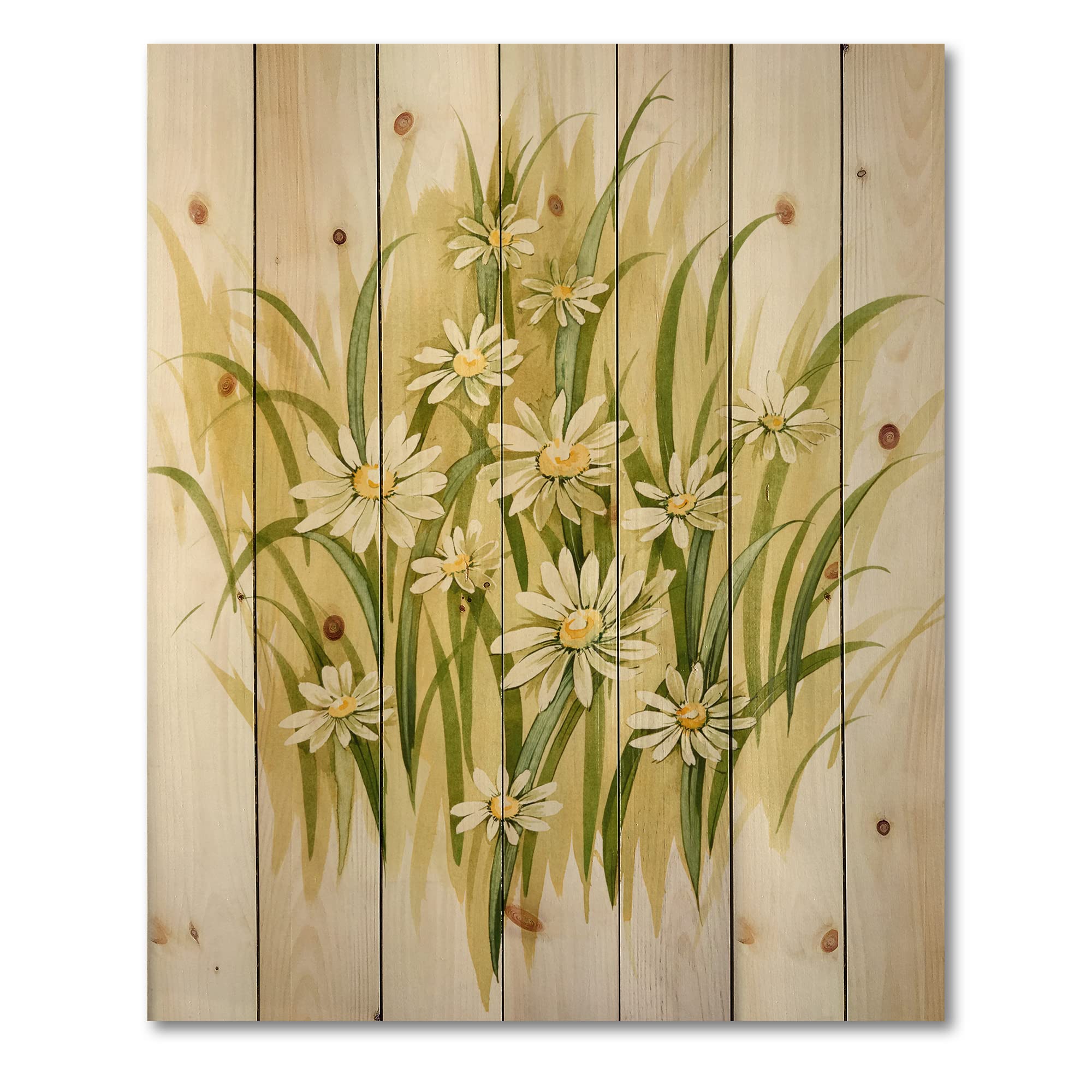 DesignQ White Meadow Flowers Traditional Wood Wall Decor - Green Floral Wood Wall Art Panels Printed on Natural Pine - Perfect for Living Room, Bedroom & Home Decor