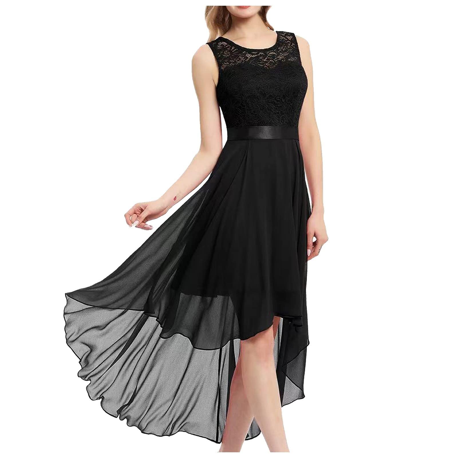 Elegant Women's Summer Casual Dress - Sleeveless Round Neck Solid High-Low Lace Asymmetrical Wedding Guest Dress | Perfect for Beach Parties, Garden Weddings & Cocktail Events