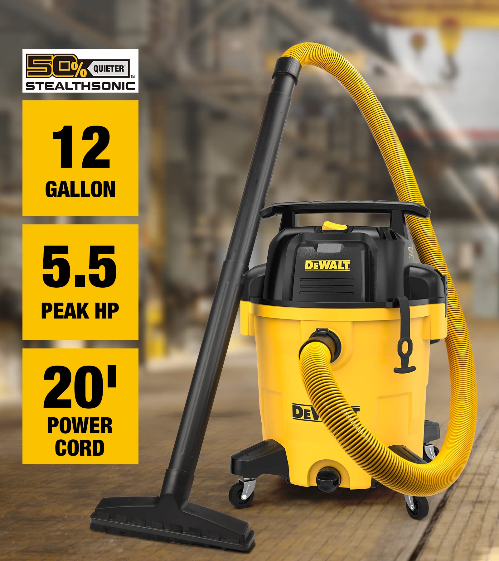 DEWALT 12 Gallon STEALTHSONIC Wet/Dry Vacuum - Ultra Quiet Shop Vac with Noise Reduction Technology, Heavy Duty Industrial Vacuum Cleaner for Construction Sites, Workshops & Home Garage Cleaning - DXV12P-QTA Model in Yellow