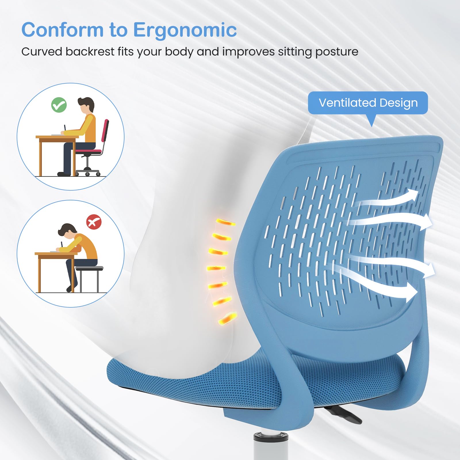 Giantex Adjustable Kids Desk Chair - Ergonomic Study Chair for Children with Height Adjustment, Lumbar Support & Swivel Base - Perfect for Home Schooling, Online Learning & Computer Work (Blue)