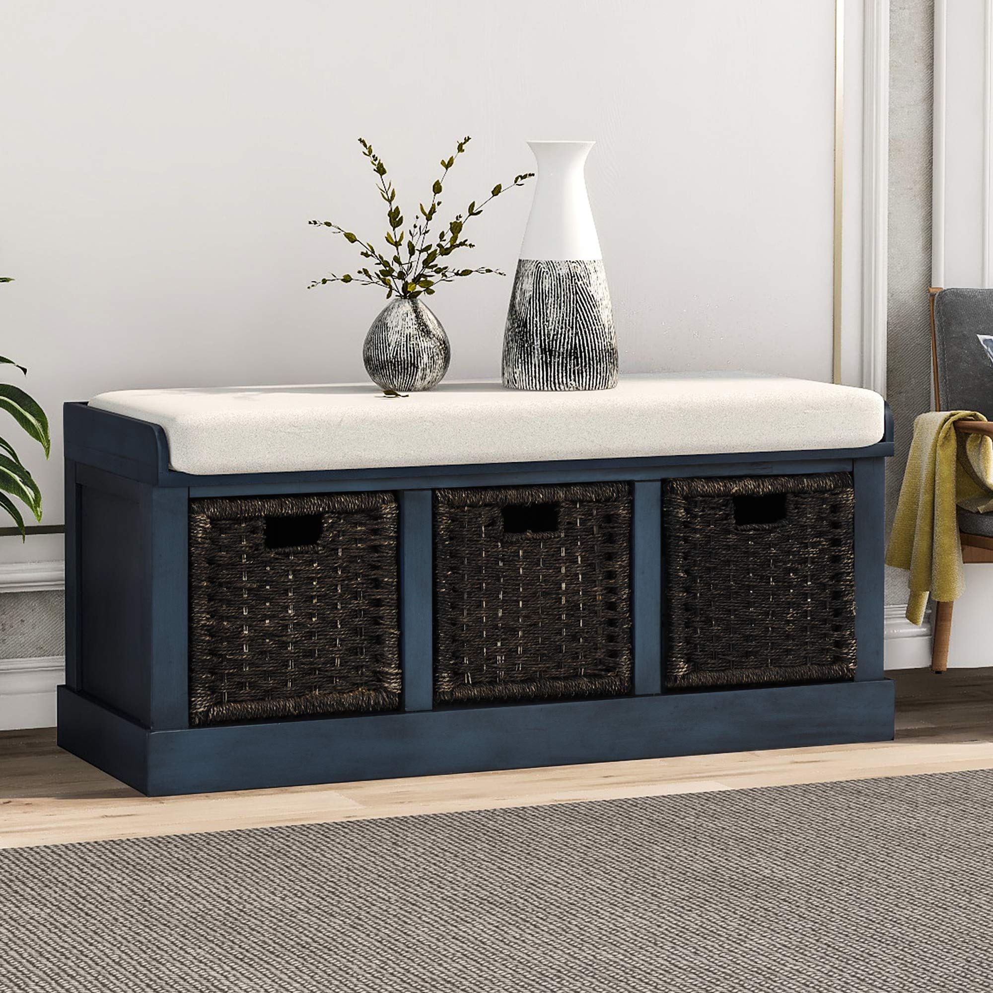 P PURLOVE Rustic Entryway Storage Bench with 3 Removable Baskets & Cushion - Fully Assembled Shoe Organizer for Hallway, Living Room & Bedroom - Perfect for Home Decor, Entry Organization & Cozy Seating