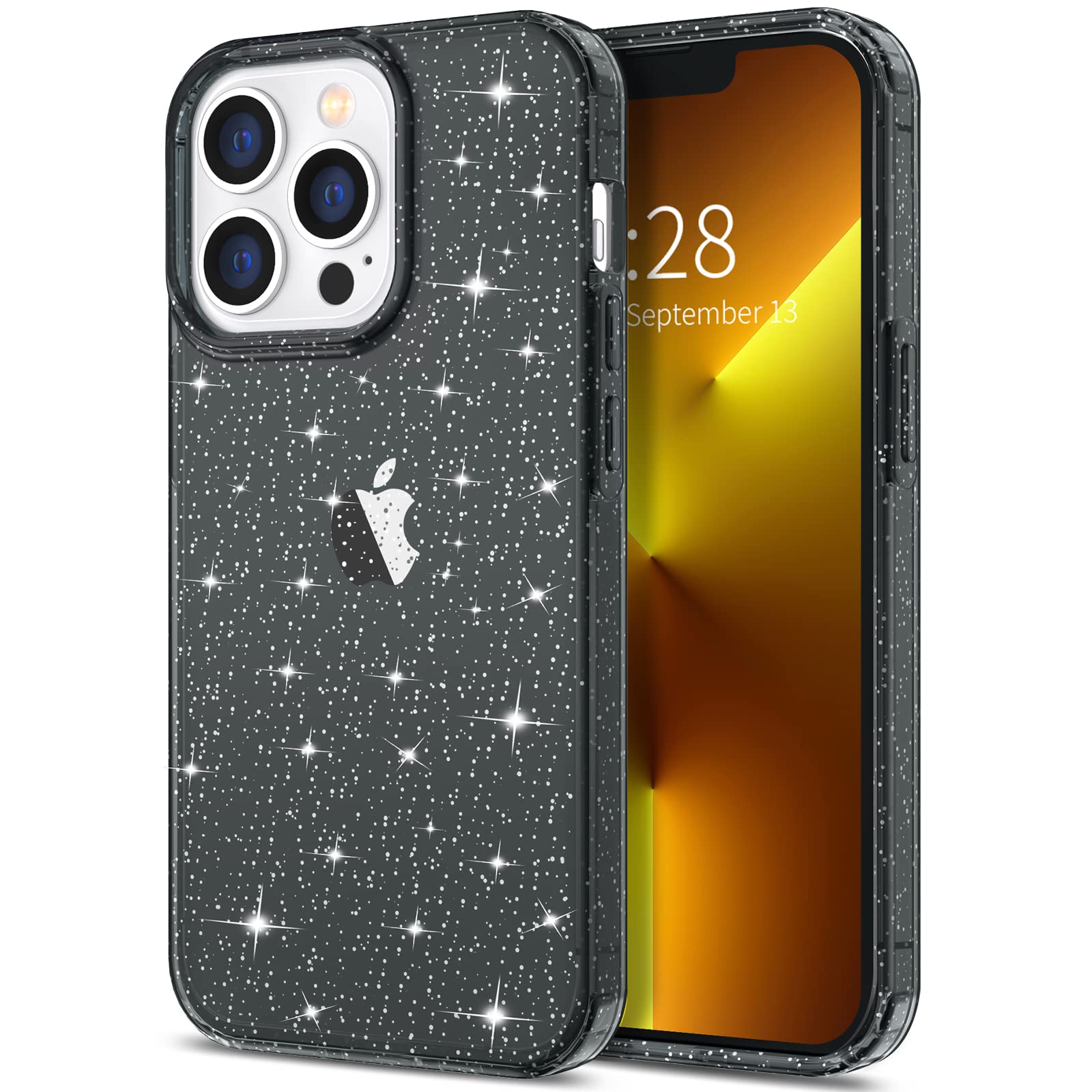 Hython Sparkly Glitter Case for iPhone 13 Pro Max - Cute Clear Shiny Bling Cover, Anti-Scratch Soft TPU Slim Fit Shockproof Protective Phone Case for Women & Girls (Black Glitter) - Perfect for Parties, Daily Use & Fashion Accessories