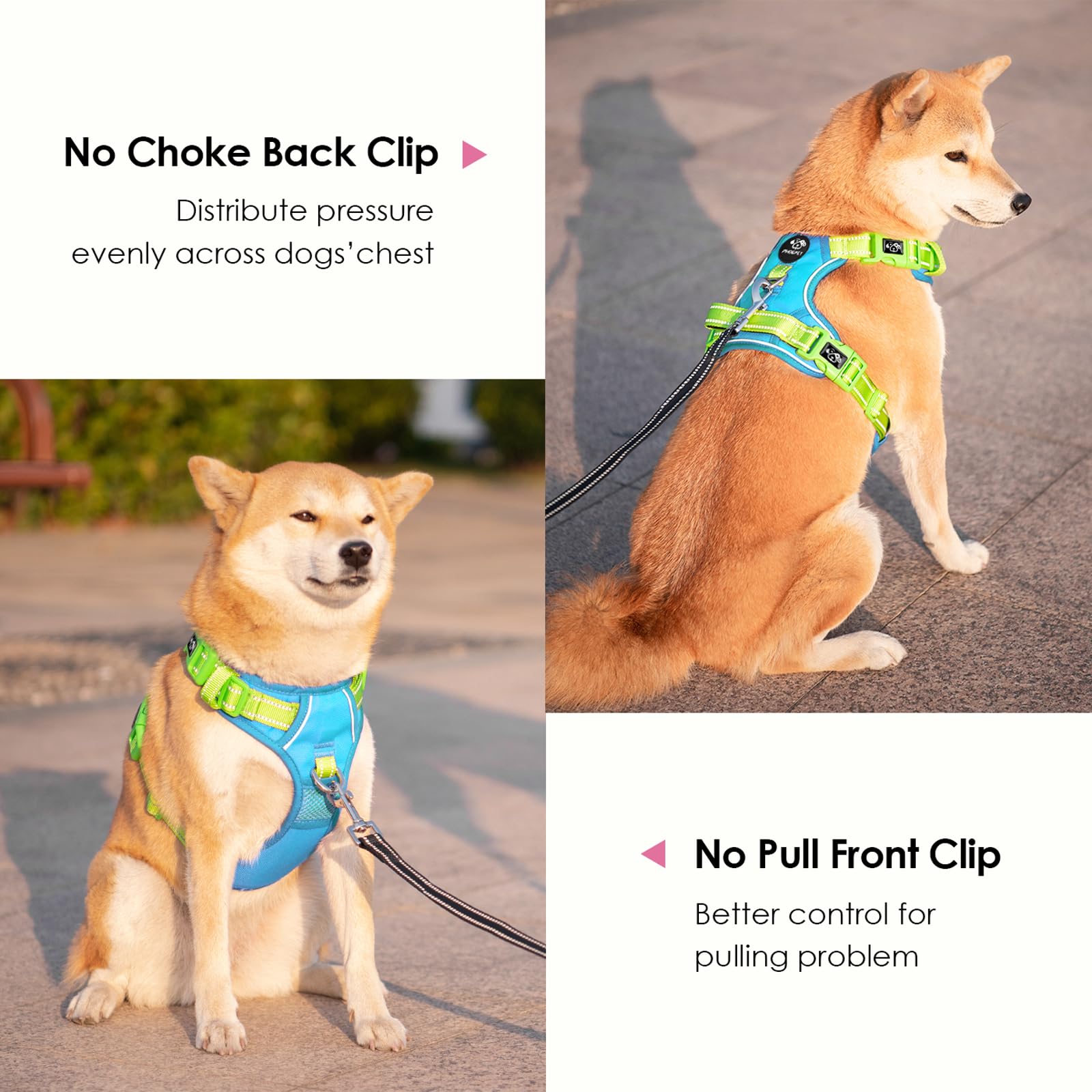 PHOEPET No Pull Dog Harness - Reflective Adjustable Pet Vest with Soft Training Handle & Metal Clips for Small Medium Large Dogs (Blue/Green, Medium) | Perfect for Walking, Running, Training & Outdoor Adventures