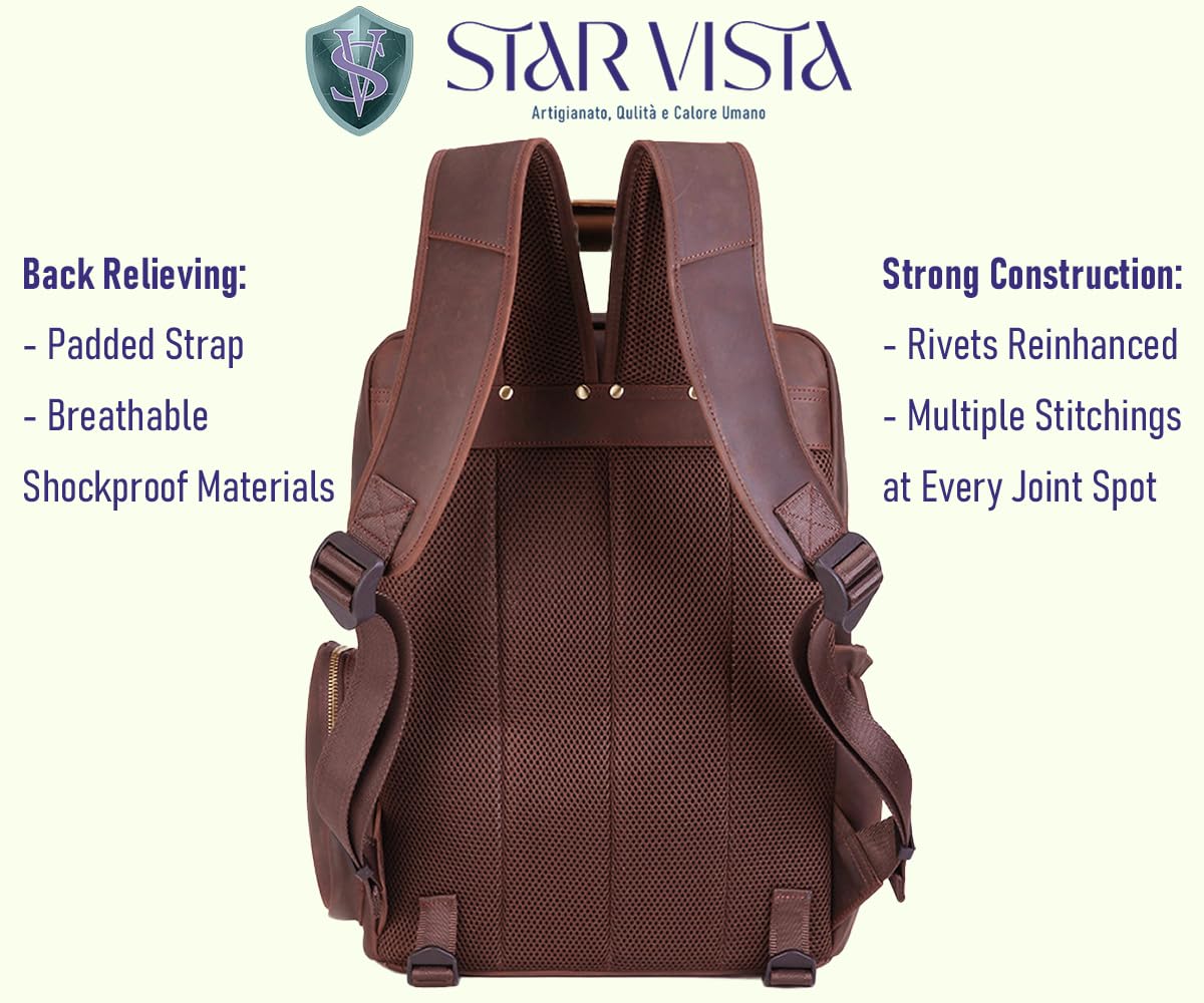 STAR VISTA Bernini Vintage Full Grain Leather DSLR/SLR Camera Backpack - Professional Photographer Bag with Tripod Holder & Laptop Compartment (Fits 15.6