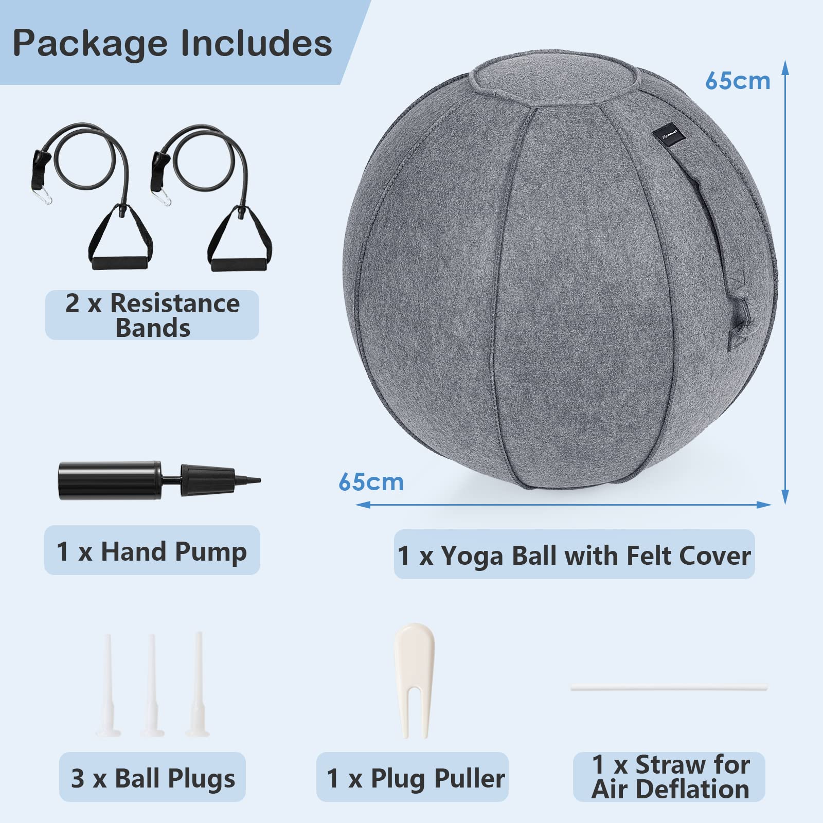 GYMAX 65cm Anti-Burst Yoga Ball with Felt Cover, Resistance Bands & Pump - Stability Exercise Ball for Pilates, Pregnancy, Physical Therapy & Office Sitting - Perfect for Home Gym, Postpartum Recovery & Workplace Ergonomics