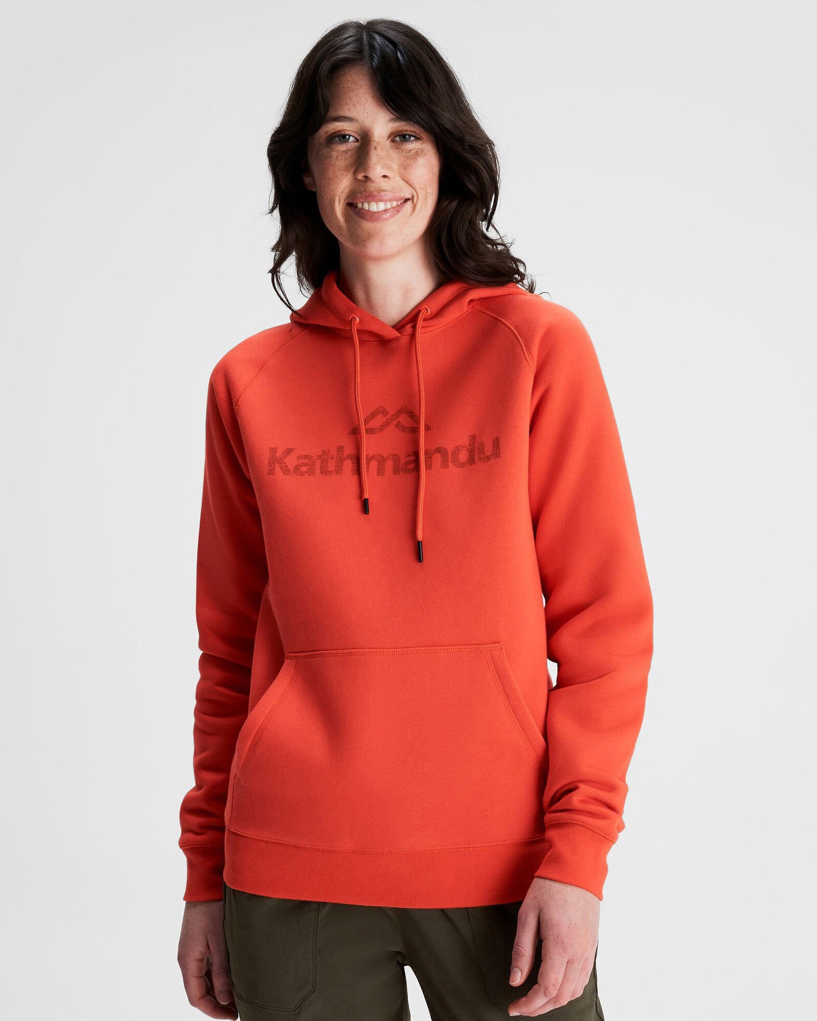 Women's Kathmandu Logo Hoodie - Soft Fleece Pullover with Kangaroo Pocket - Hut Orange - Perfect for Hiking, Camping & Outdoor Adventures