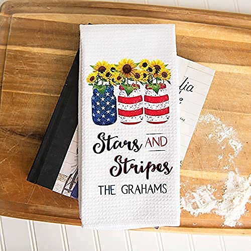 Personalized Stars and Stripes Kitchen Towel - Custom Waffle Weave Dish Towel for 4th of July Decor, Independence Day & Summer Kitchen Accessories - Perfect for Patriotic Home Decor, BBQ Parties & Holiday Gifting