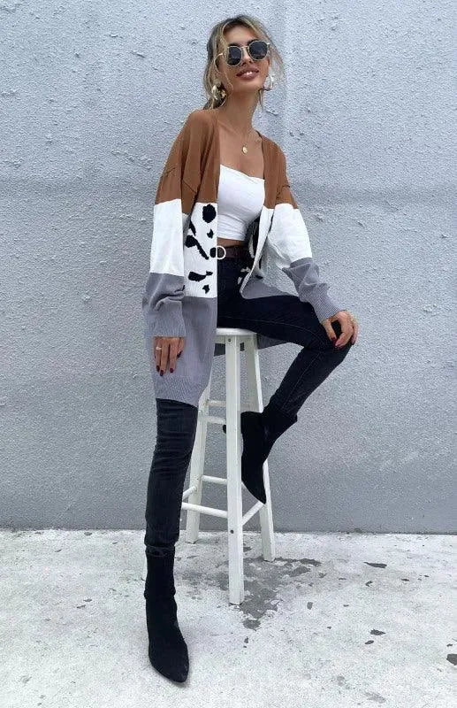 Leopard Print Women's Cardigan Sweater - Cozy Long Sleeve Open Front Knit Top for Fall & Winter - Perfect for Office, Date Night and Casual Outfits