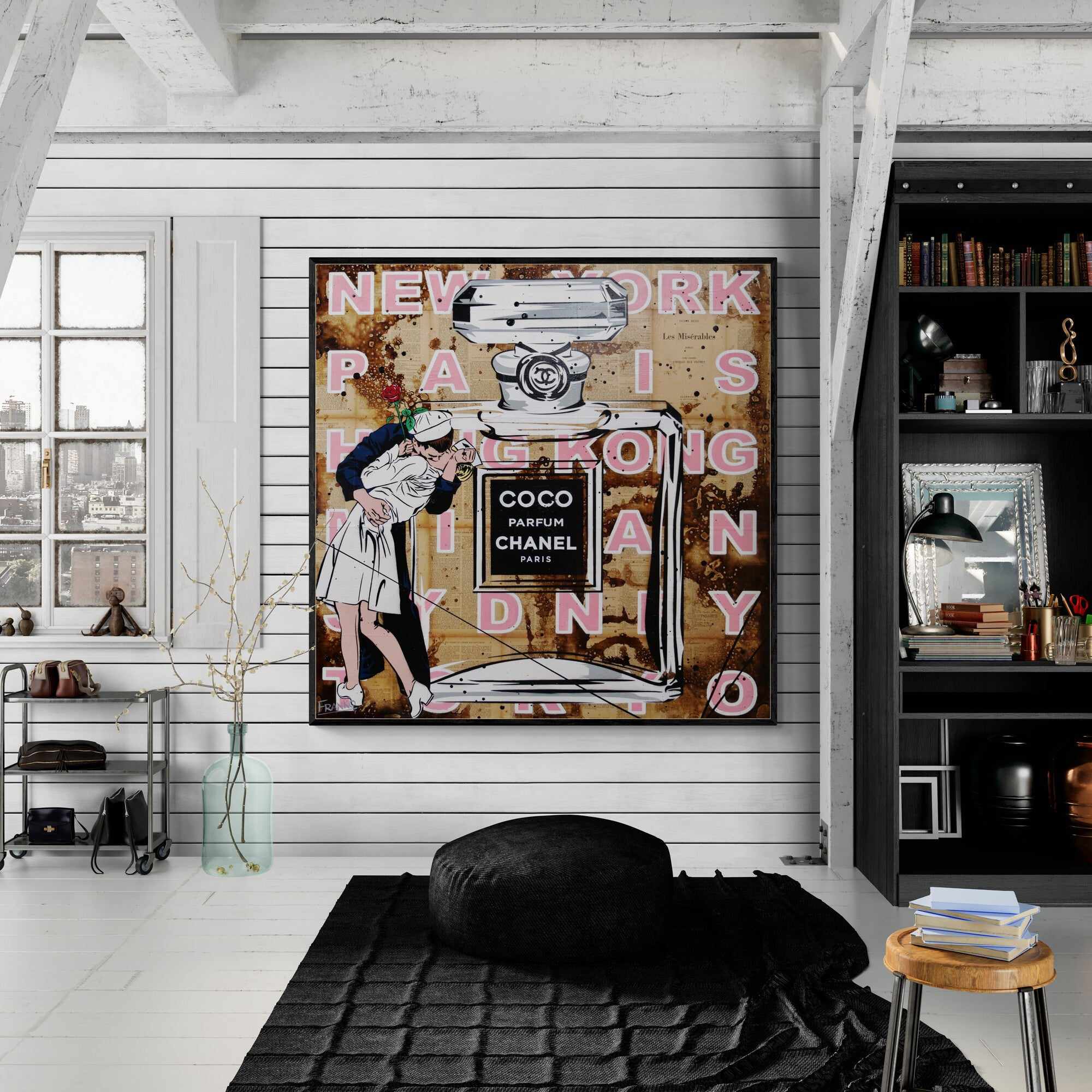 Le Kiss 100x100cm Urban Pop Art Canvas Painting - Modern Home Decor for Living Room, Bedroom & Office - Book Club Gift Idea - Abstract Wall Art for Contemporary Spaces