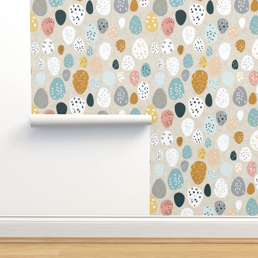Peel & Stick Removable Wallpaper 9ft x 2ft - Easter Egg & Bird Pattern in Fawn, Mustard & Blue | Spoonflower Custom Wallpaper | Perfect for Nursery, Bedroom & Home Decor