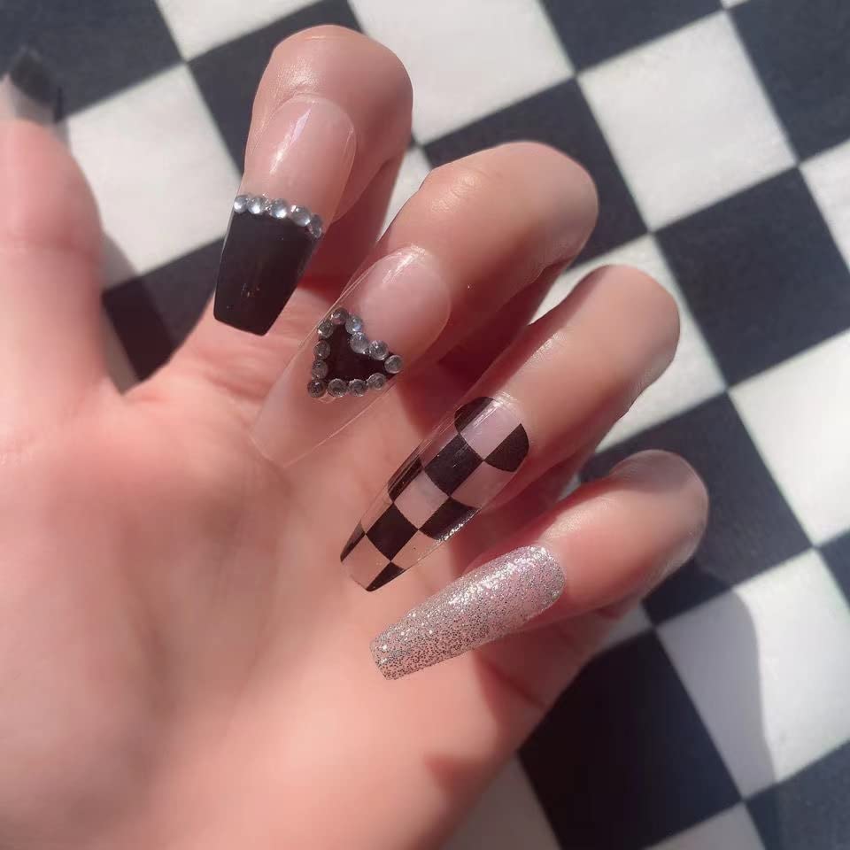 24pcs Coffin Press on Nails - Glossy Acrylic False Nails with Black Heart Chessboard Design for Women & Girls, Easy DIY Manicure at Home or Party