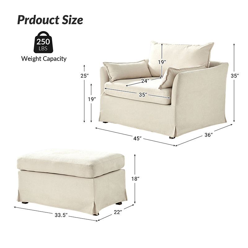 Comfortable Miles Slipcovered Armchair with Large Ottoman - Perfect for Living Room, Bedroom, or Home Office Relaxation