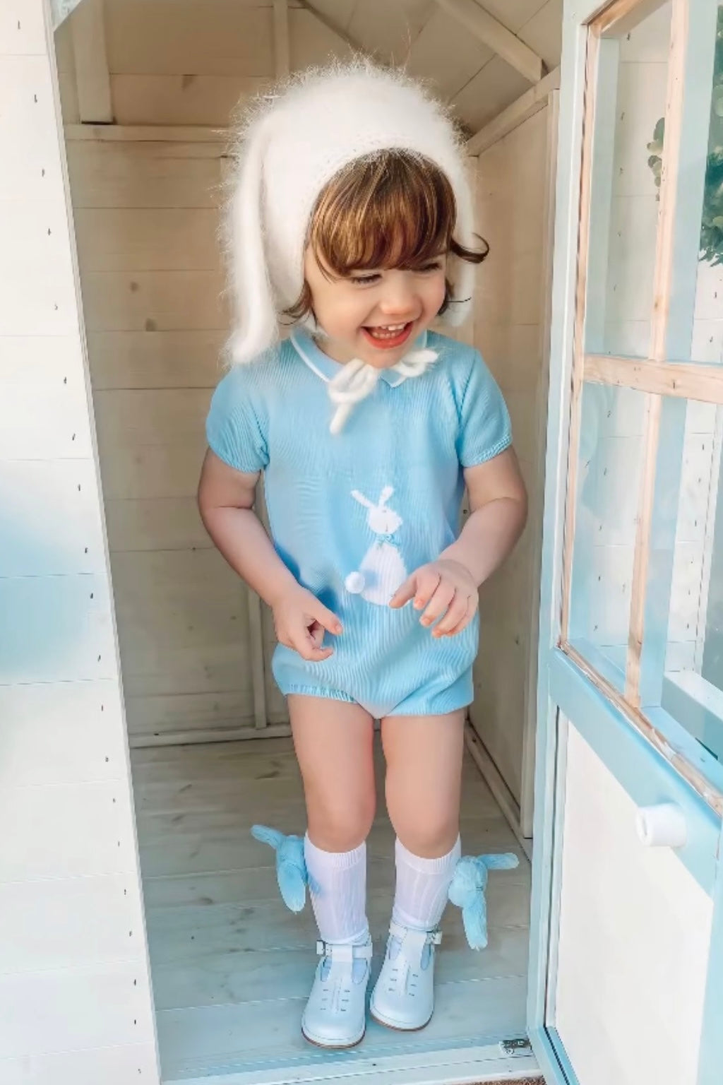 Adorable Blue Knit Bunny Romper for Baby Girls | Soft Cotton Jumpsuit with Bunny Ears | Perfect for Easter, Photoshoots & Playtime