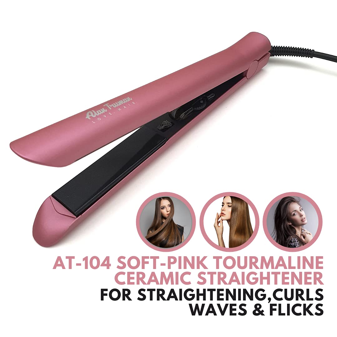 Alan Truman AT-104 Soft Pink Tourmaline Ceramic Hair Straightener - 1 Inch Flat Iron for Smooth & Shiny Hair - 450°F Adjustable Temperature - Perfect for Home Use, Travel & Salon Styling - Metallic Pink (500g)
