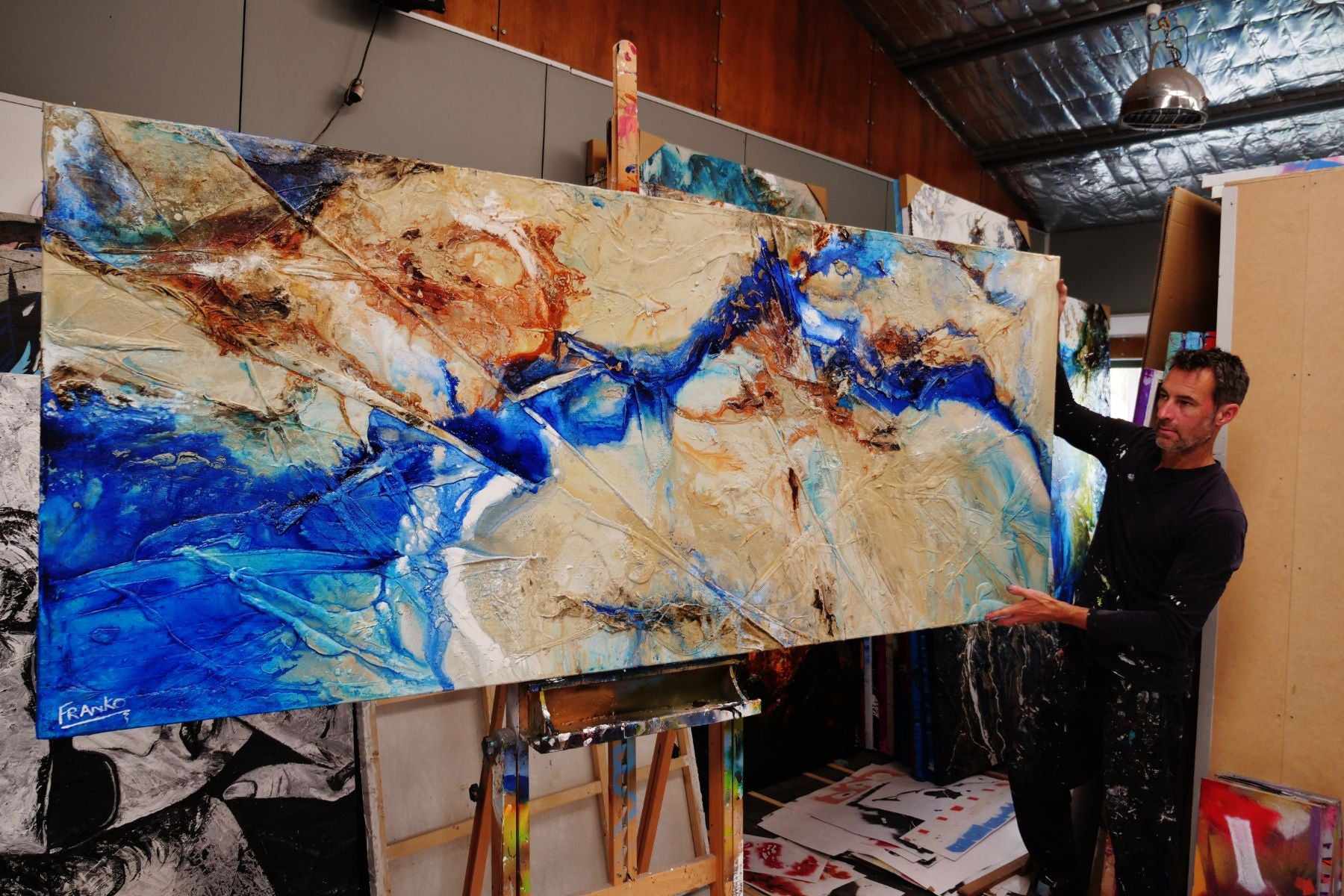 Blue Delta 240cm x 100cm Cream Blue Textured Abstract Canvas Wall Art - Perfect for Living Room, Bedroom & Office Decor