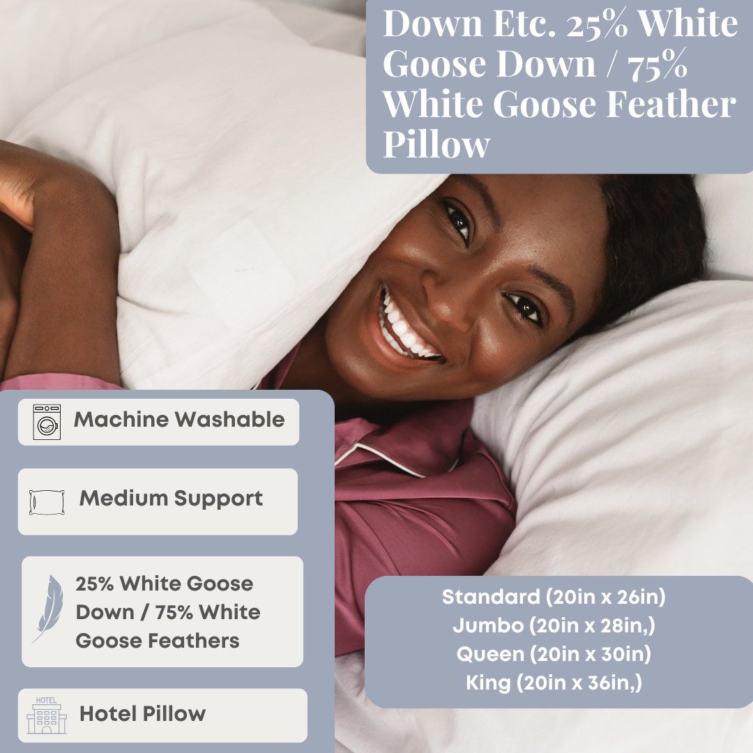 Premium 25% White Goose Down & 75% White Goose Feather Pillow - Ultra Soft & Supportive for Side, Back & Stomach Sleepers - Perfect for Bedroom, Guest Room & Travel