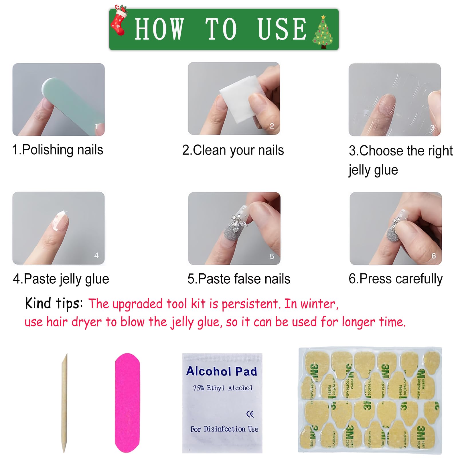 Christmas Snowflake Sequins Press on Nails - 24Pcs Square Fake Nails with Christmas Tree Design, Star Pearl Rhinestones for Women & Girls - Full Cover Glossy Stick on Nails for Holiday Parties, Winter Nail Decoration & Gift Giving