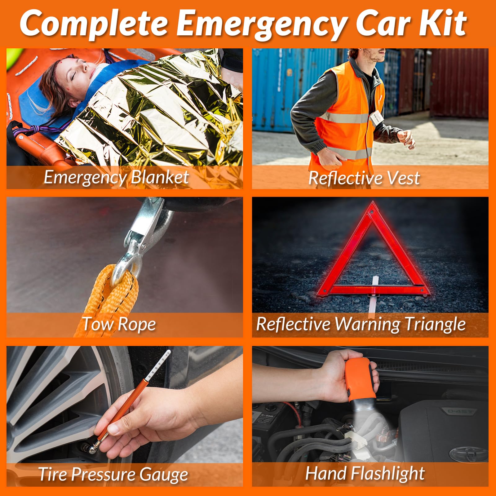 128-Piece Car Emergency Kit with Jumper Cables, Tow Strap & First Aid - Essential Roadside Assistance Vehicle Safety Kit for Women & Men - Perfect for Travel, Camping & Winter Driving