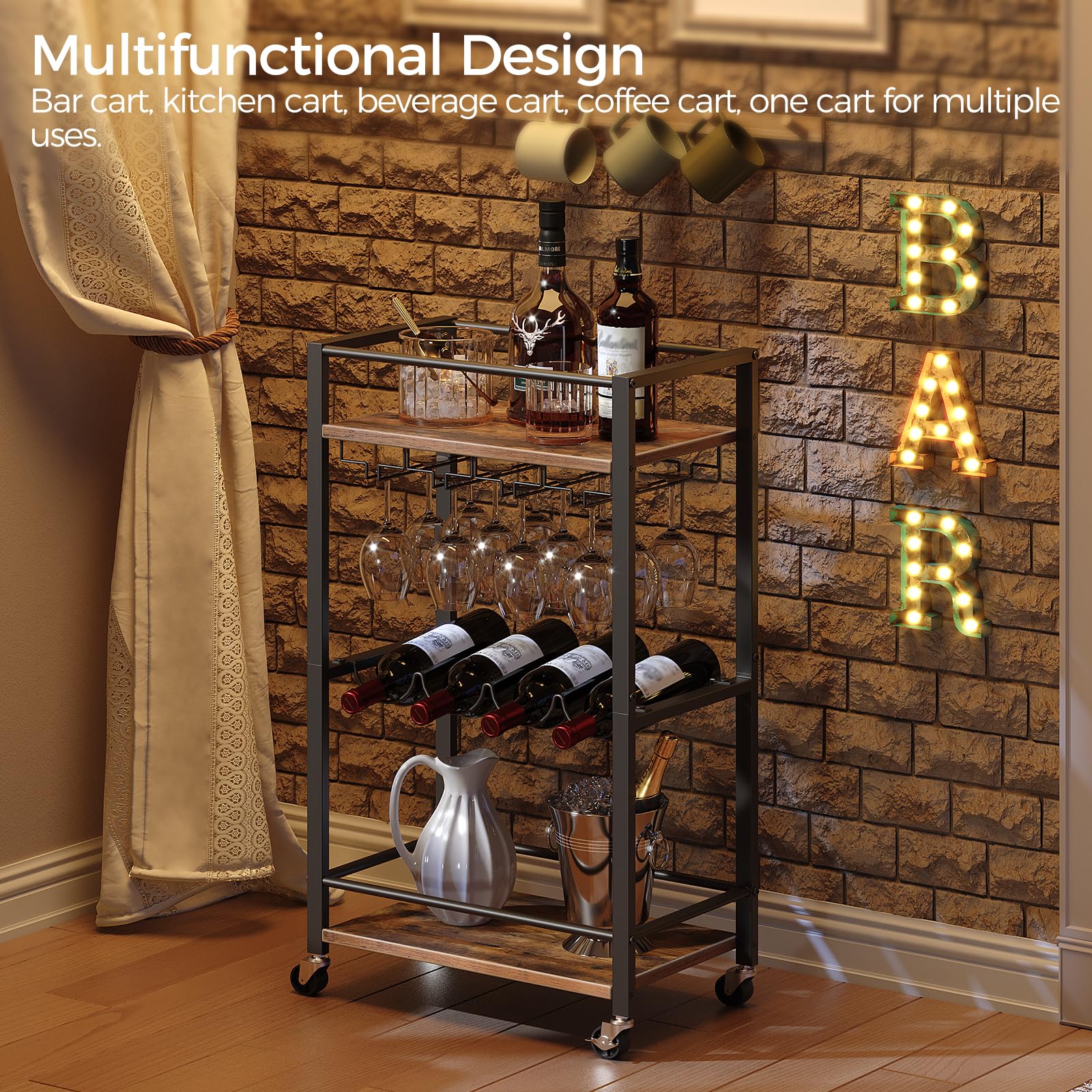 3-Tier Rustic Brown Bar Cart with Wine Rack & Glass Holders - Mini Rolling Serving Cart for Kitchen, Dining & Living Room - Perfect for Home Entertaining, Wine Storage & Space-Saving Organization (Model RCHR9301)