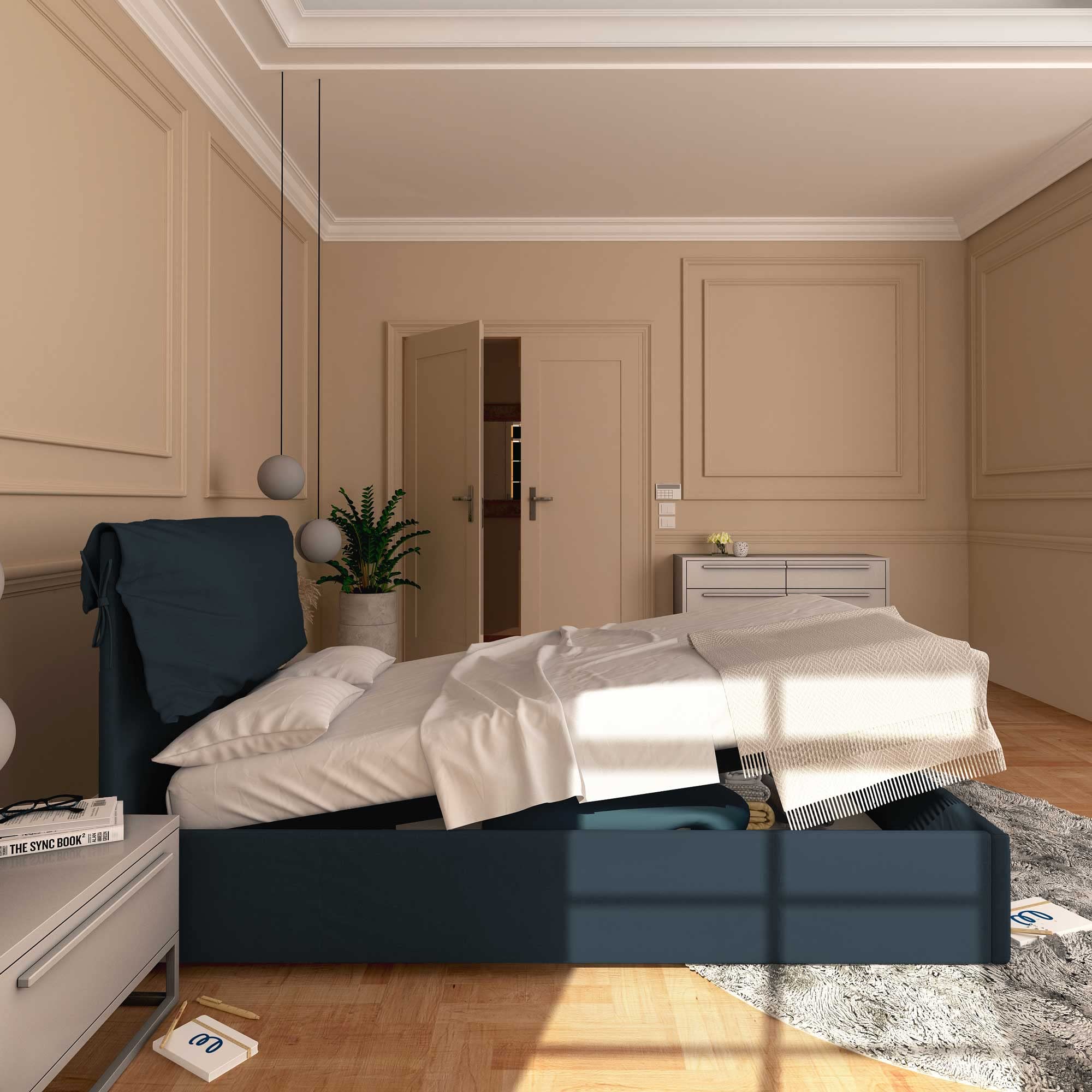 Baldiflex Single Bed Frame with Storage - Licia Soft Synthetic Leather Upholstery, Slatted Base for Single Mattress, 120 x 190 cm, Padded Thin Headboard, Night Blue Color - Perfect for Small Bedrooms, Guest Rooms & Studio Apartments