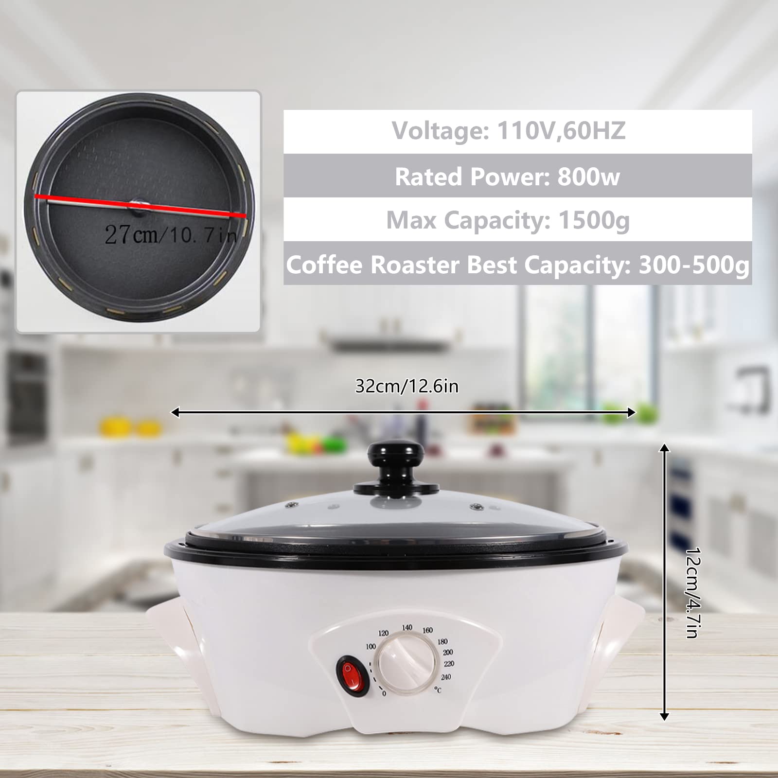 110V 800W Electric Coffee Roaster Machine for Home Use - 500g Capacity Coffee Bean Roaster for Coffee Lovers | Perfect for Fresh Roasting at Home, Gifts, and Small Coffee Shops