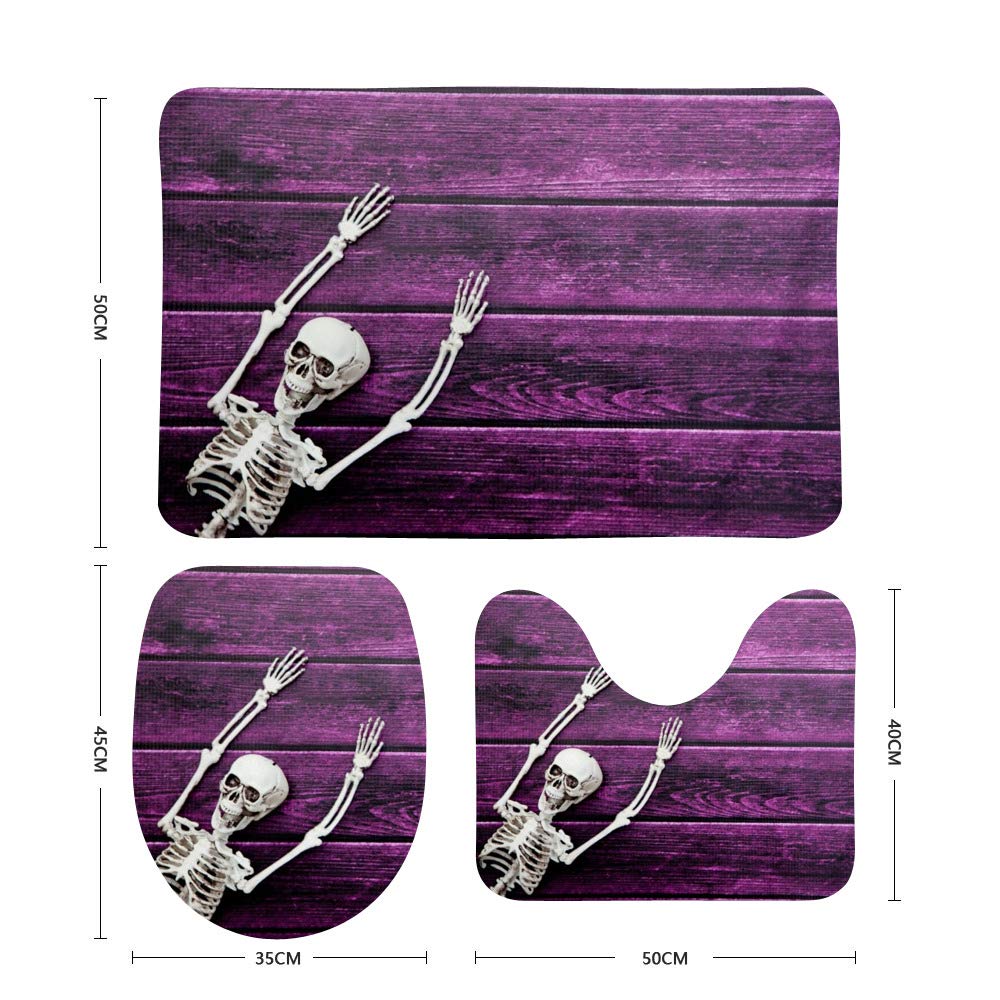 3 Piece Halloween Bathroom Rug Set - Non-Slip Skull Design Contour Mat, Toilet Lid Cover & Bath Mat with Wooden Background - Perfect for Halloween Decor, Gothic Style Bathrooms & Spooky Home Accessories