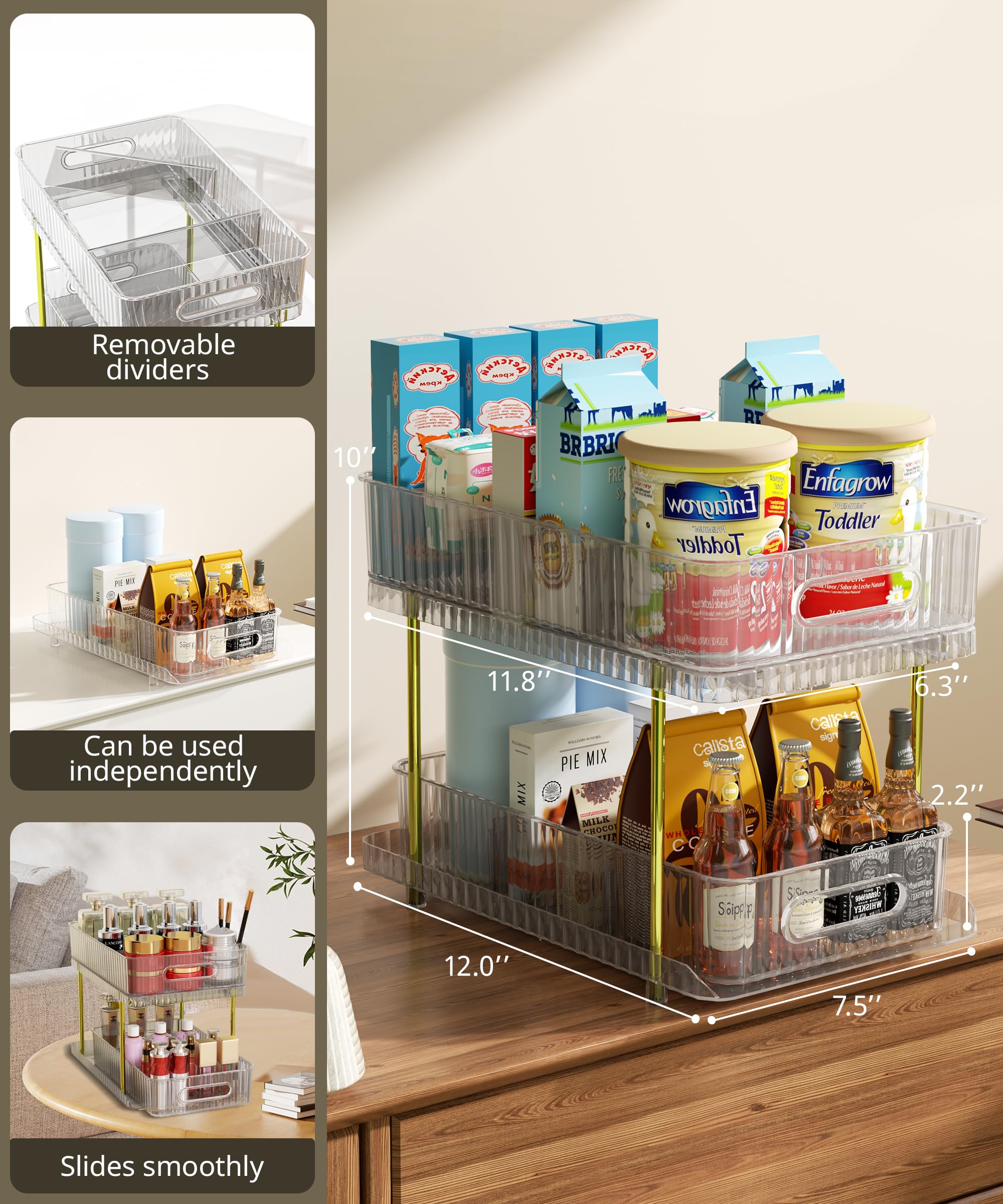 2-Tier Clear Acrylic Makeup and Skincare Organizer with 4 Removable Dividers - Large Vanity Perfume Storage & Pull-Out Bathroom Organizer for Bath, Bedroom, Cabinet - Perfect for Cosmetics, Jewelry and Toiletries Organization