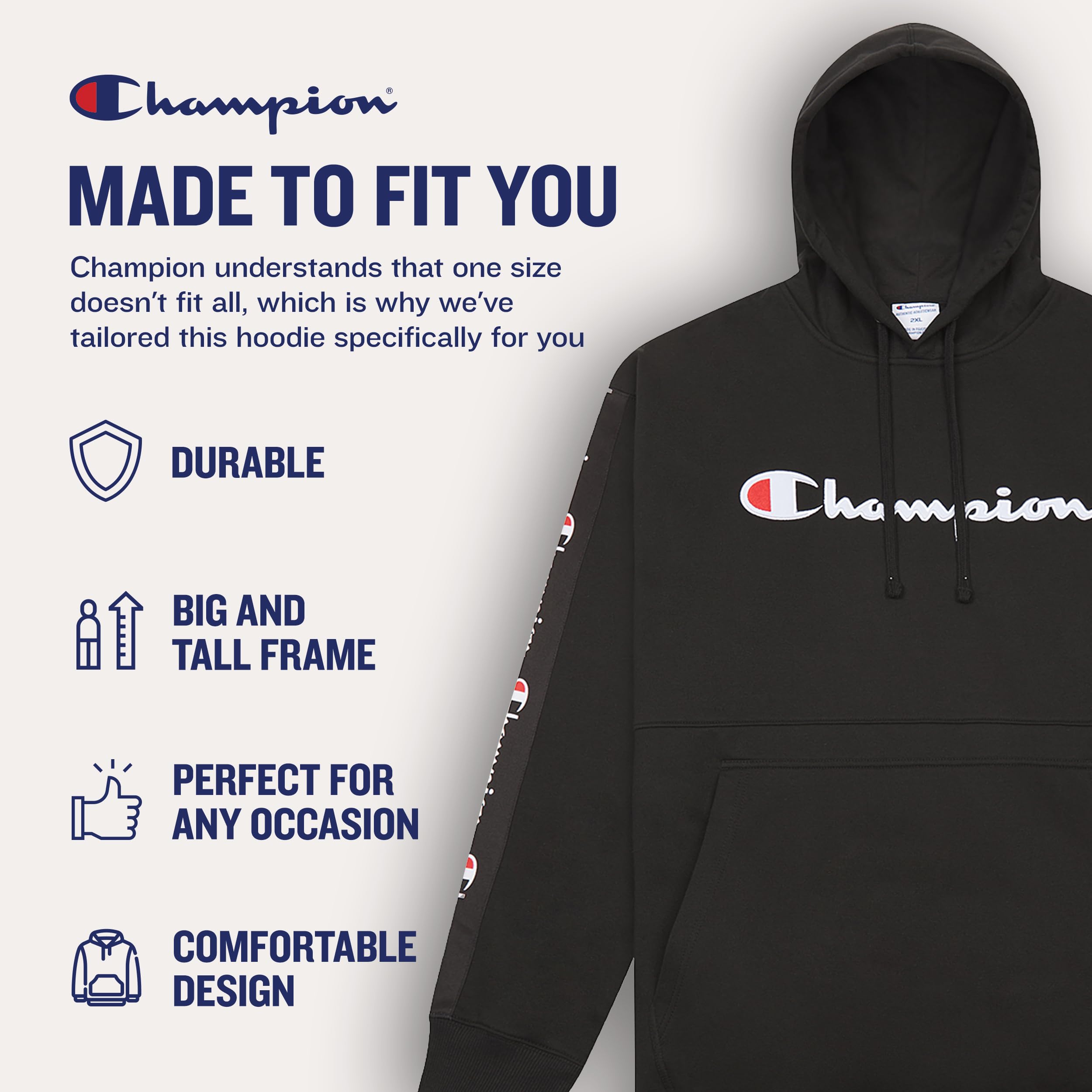 Champion Hoodies for Men – Big and Tall Fleece Pullover with Graphic Print | Warm & Comfortable Winter Hooded Sweatshirt for Casual Wear, Gym, and Outdoor Activities