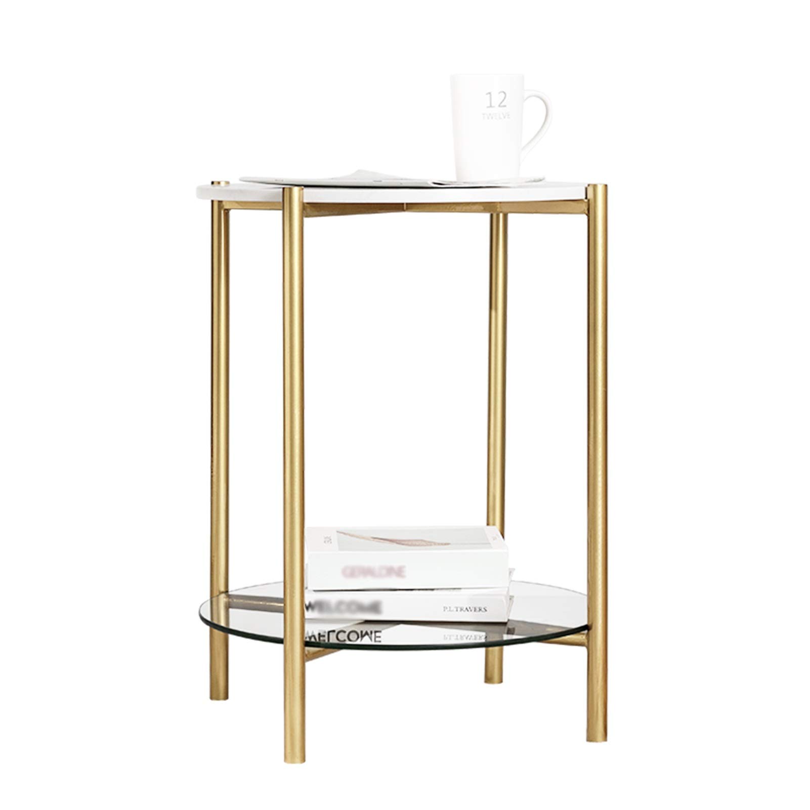 Juan Marble & Tempered Glass 2-Tier Round Side Table - Golden Wrought Iron Nightstand for Living Room & Bedroom (45x60cm) - Perfect for Coffee Table, Sofa End Table, and Bedside Storage
