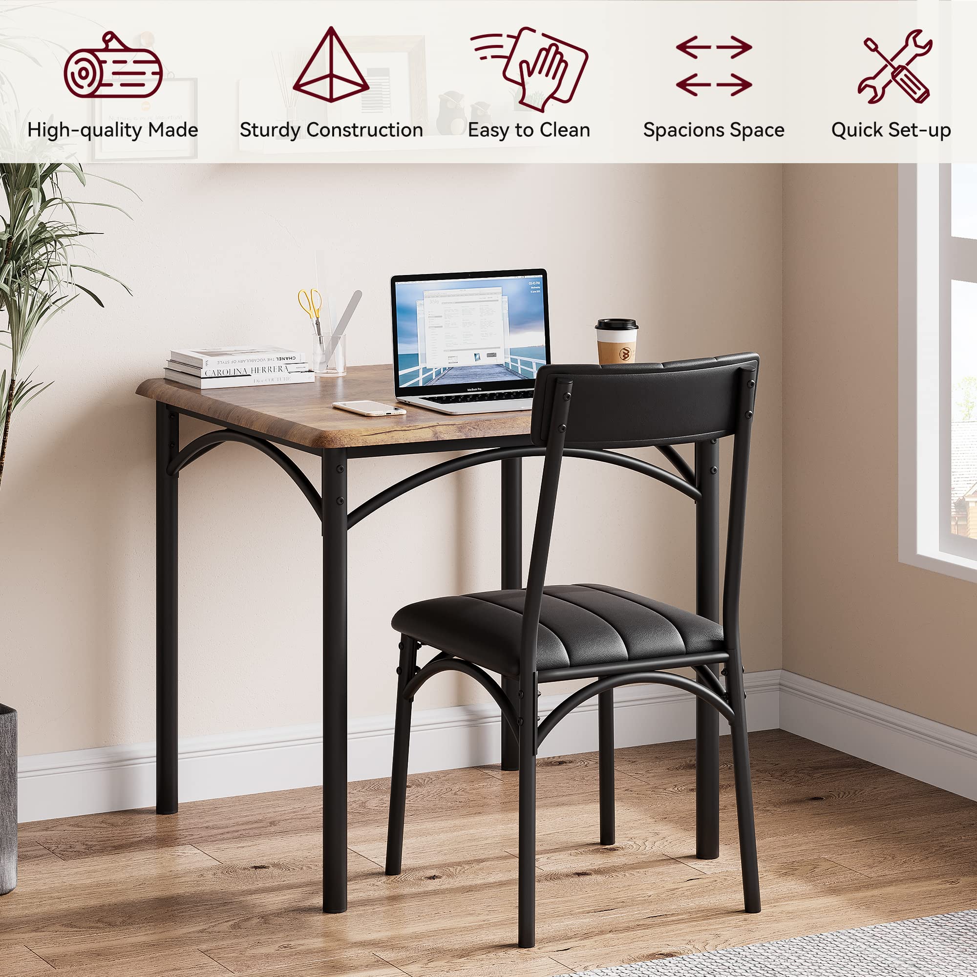 GAOMON 3-Piece Square Dining Table Set for 2 with Upholstered Chairs - Rustic Brown Kitchen Table & Chairs for Small Spaces, Apartments & Studios | Perfect for Breakfast Nooks, Cozy Meals & Compact Living Areas