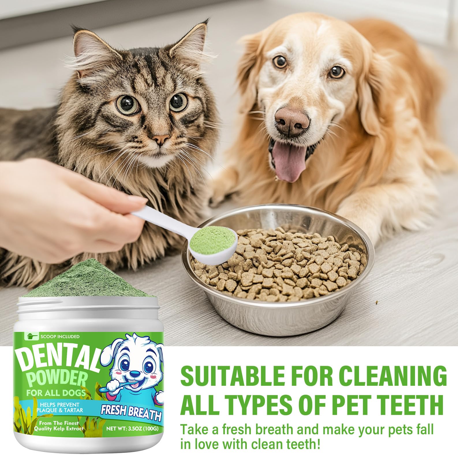 Natural Dog Dental Powder for Fresh Breath - Teeth Cleaning & Plaque Control for Dogs & Cats (100g) | Reduce Bad Breath & Improve Oral Health - Perfect for Daily Dental Care at Home