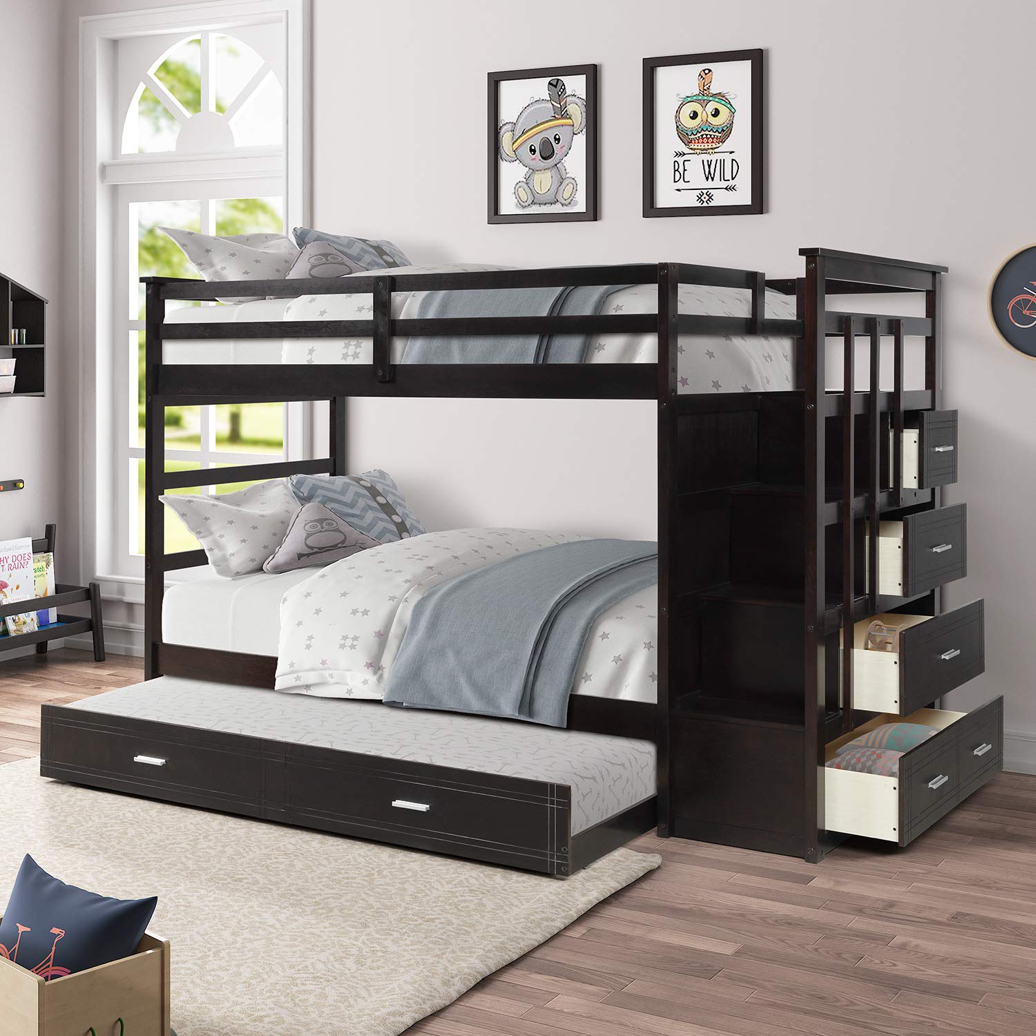 Twin Bunk Bed with Trundle & Storage Stairs - Solid Wood Frame for Kids' Bedroom