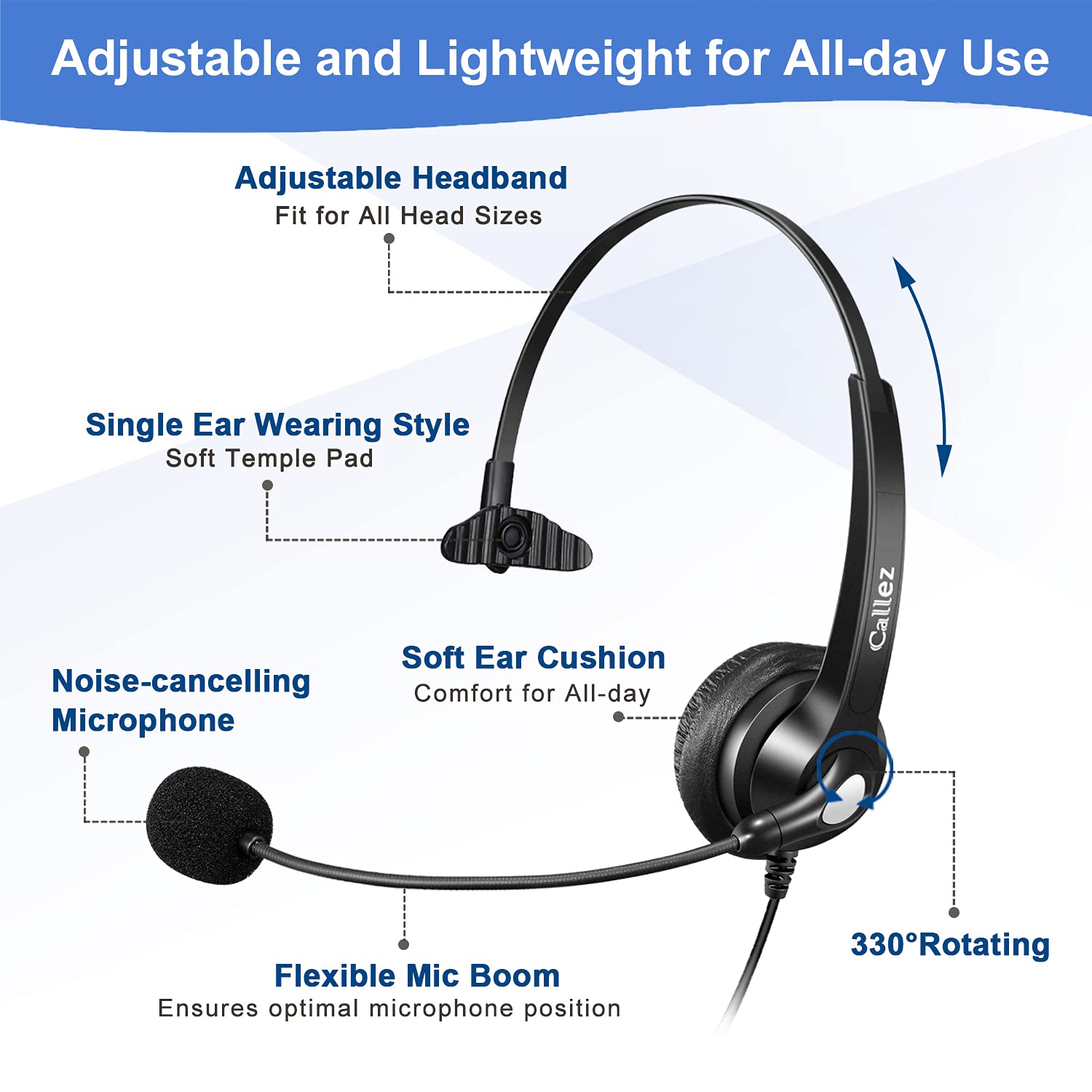 RJ9 Noise Cancelling Wired Headset with Microphone - Compatible with Grandstream GXP1610, Yealink SIP T41P/T42S/T46/T48S, Snom 300/320/712, Avaya 9608/J179, Panasonic Phones - Office & Call Center Use