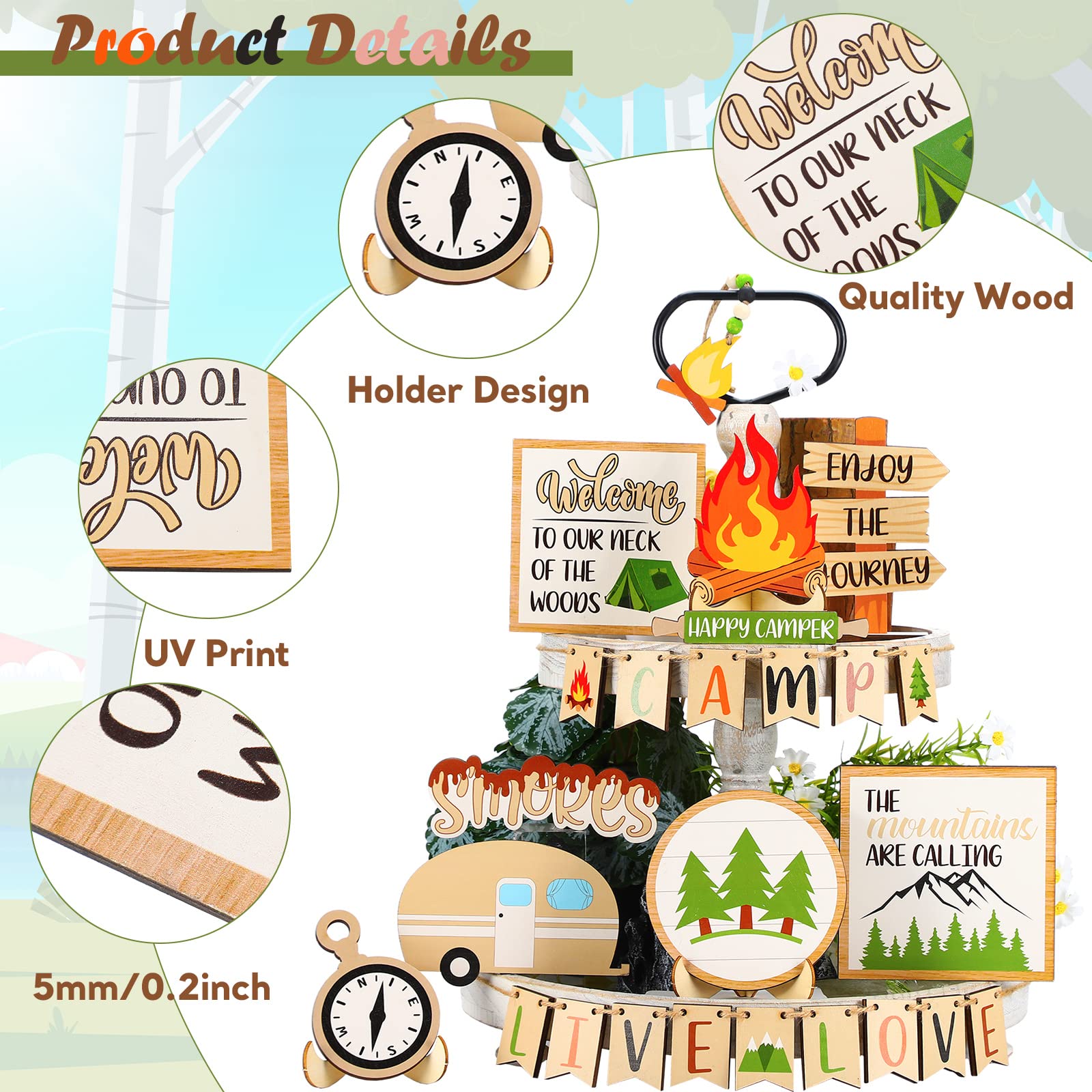 25-Piece Camping Tiered Tray Decor Set - Rustic Wooden Smores Tray with Farmhouse Signs - Perfect for Camping Parties, Campfire Barbecues & Rustic Kitchen Decorations - Great for Outdoor Gatherings and Cozy Home Displays