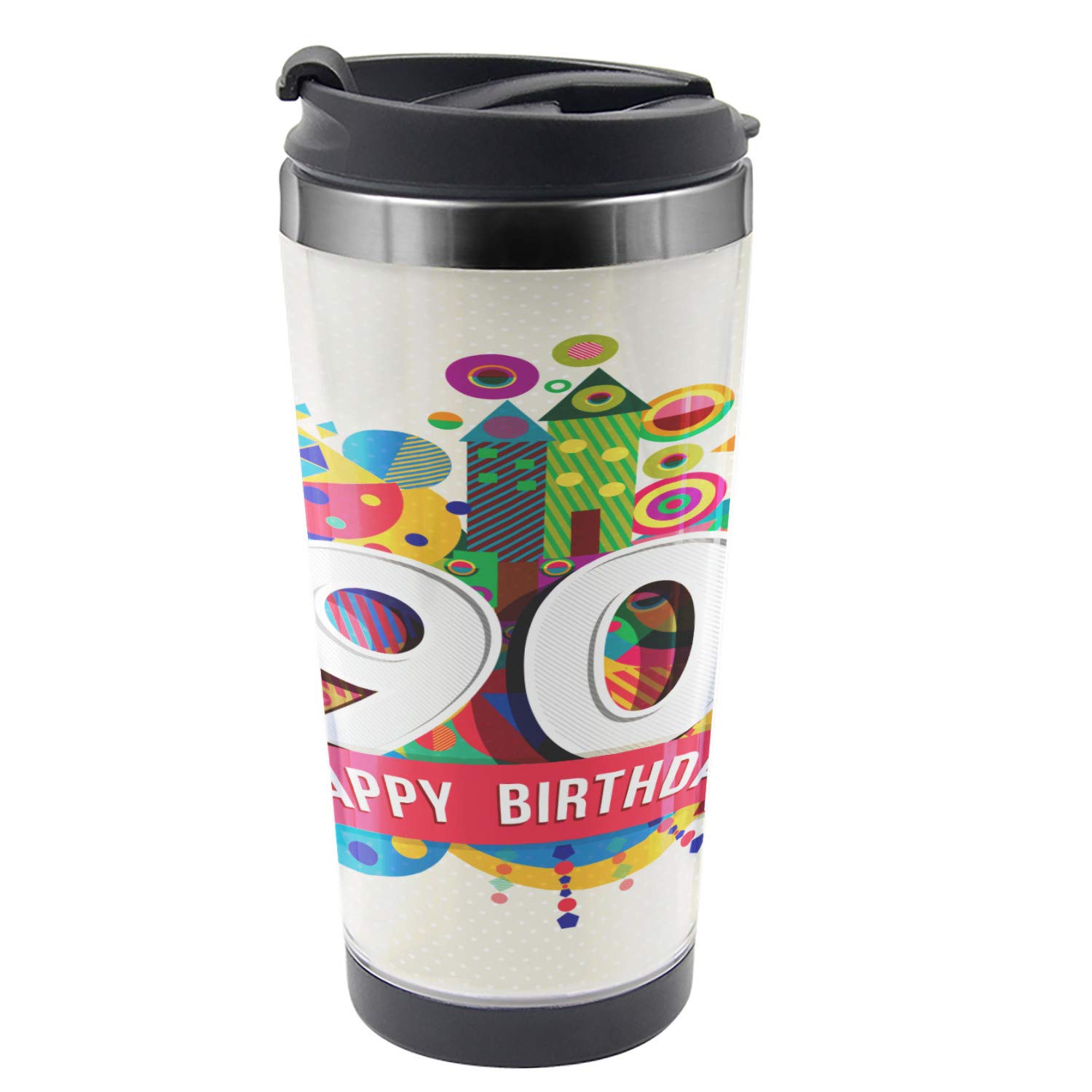 Ambesonne 16 oz Colorful Travel Mug - Funky Pop Birthday Design, Stainless Steel Thermal Cup, Double Wall Insulated for Hot & Cold Drinks - Perfect for Coffee, Tea, Commuting, Gifts & Outdoor Activities
