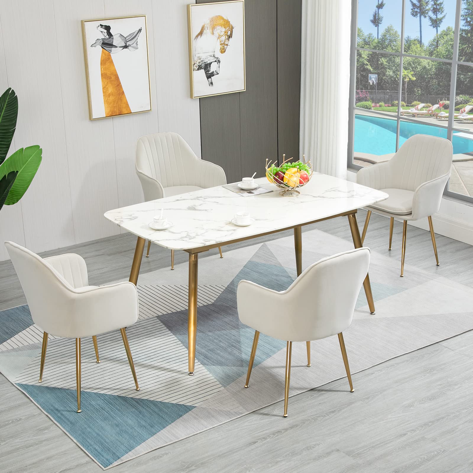 AVAWING Mid-Century Modern Velvet Dining Chairs Set of 4 - Light Beige Upholstered Armchairs with Golden Metal Legs for Living Room, Dining Room & Guest Seating | Elegant Home Decor & Comfortable Club Chairs